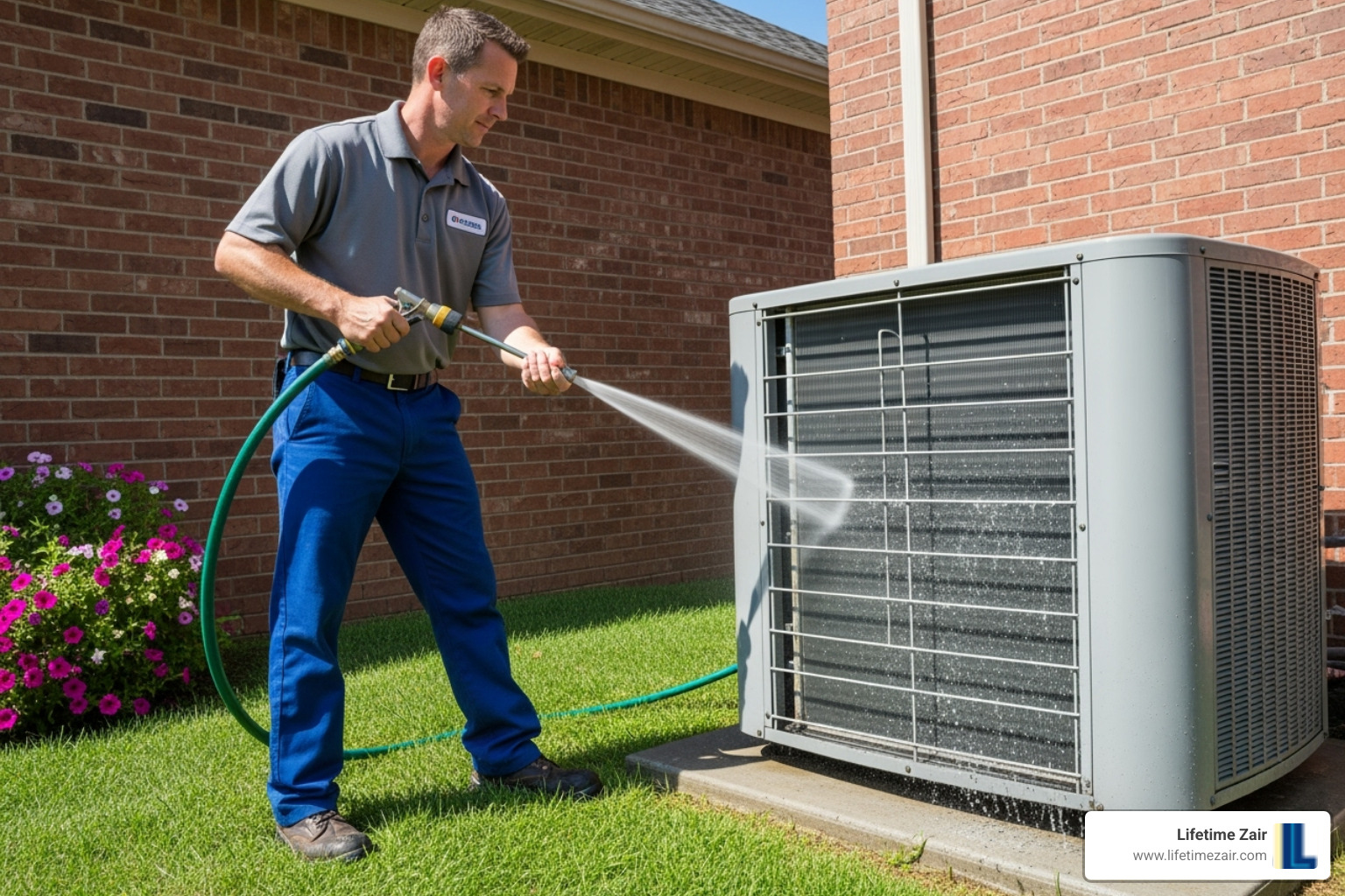 Technician cleaning an outdoor condenser unit - cheapest way to replace hvac system in farmers branch tx