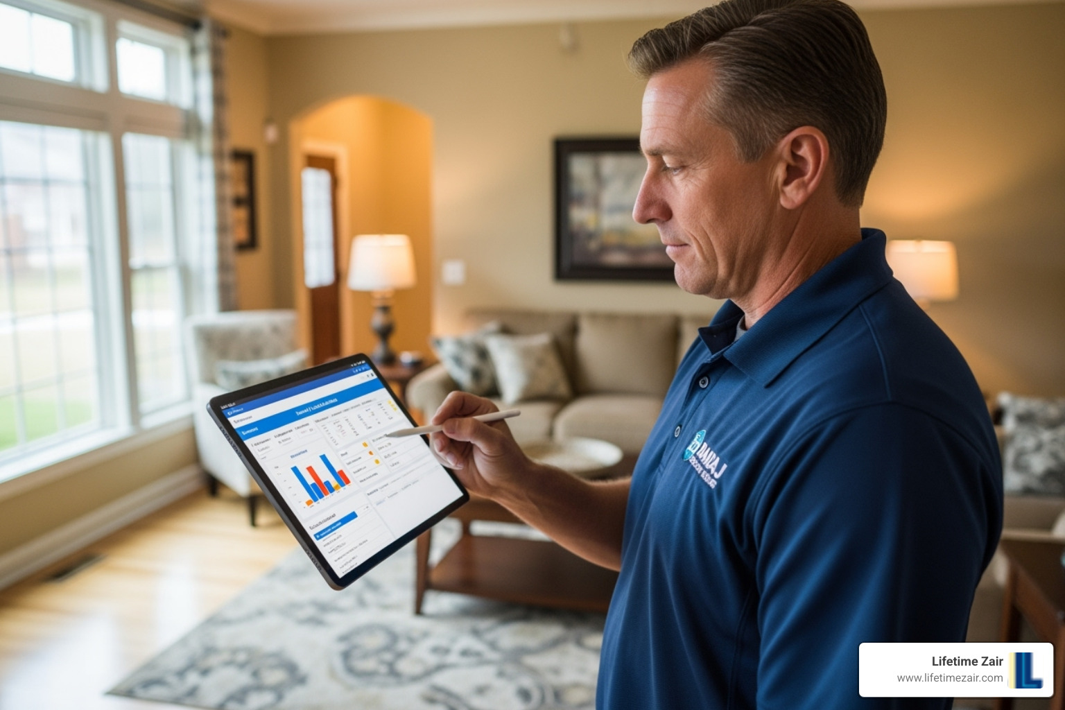 a technician performing a Manual J load calculation on a tablet - hvac installation dallas