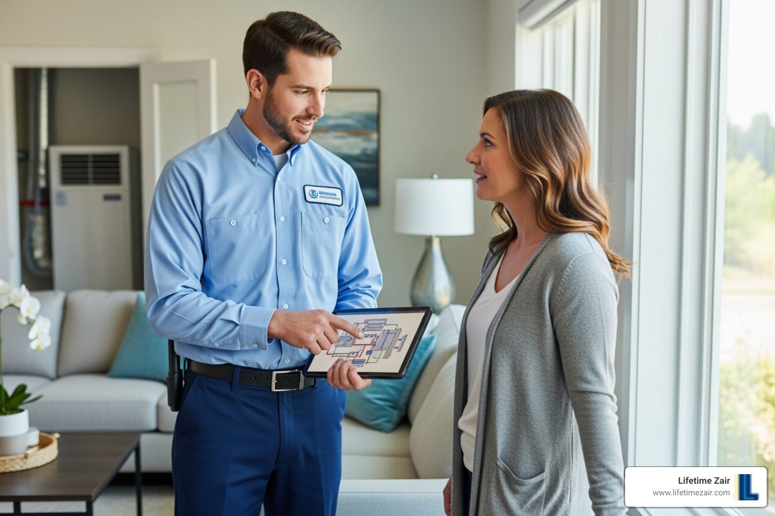a friendly, professional technician consulting with a homeowner - hvac installation dallas