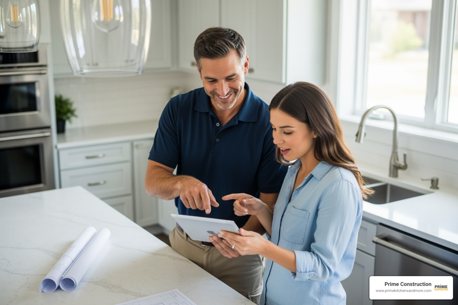 contractor and homeowner happily reviewing plans - orlando kitchen remodel