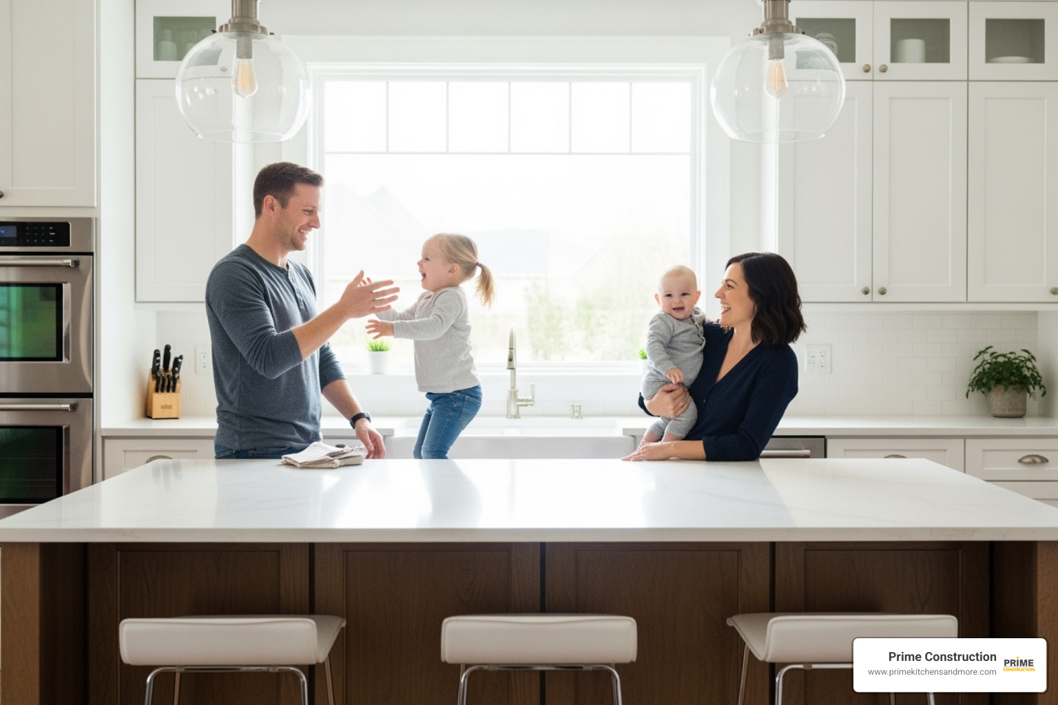 happy family in their newly remodeled kitchen - orlando kitchen remodel