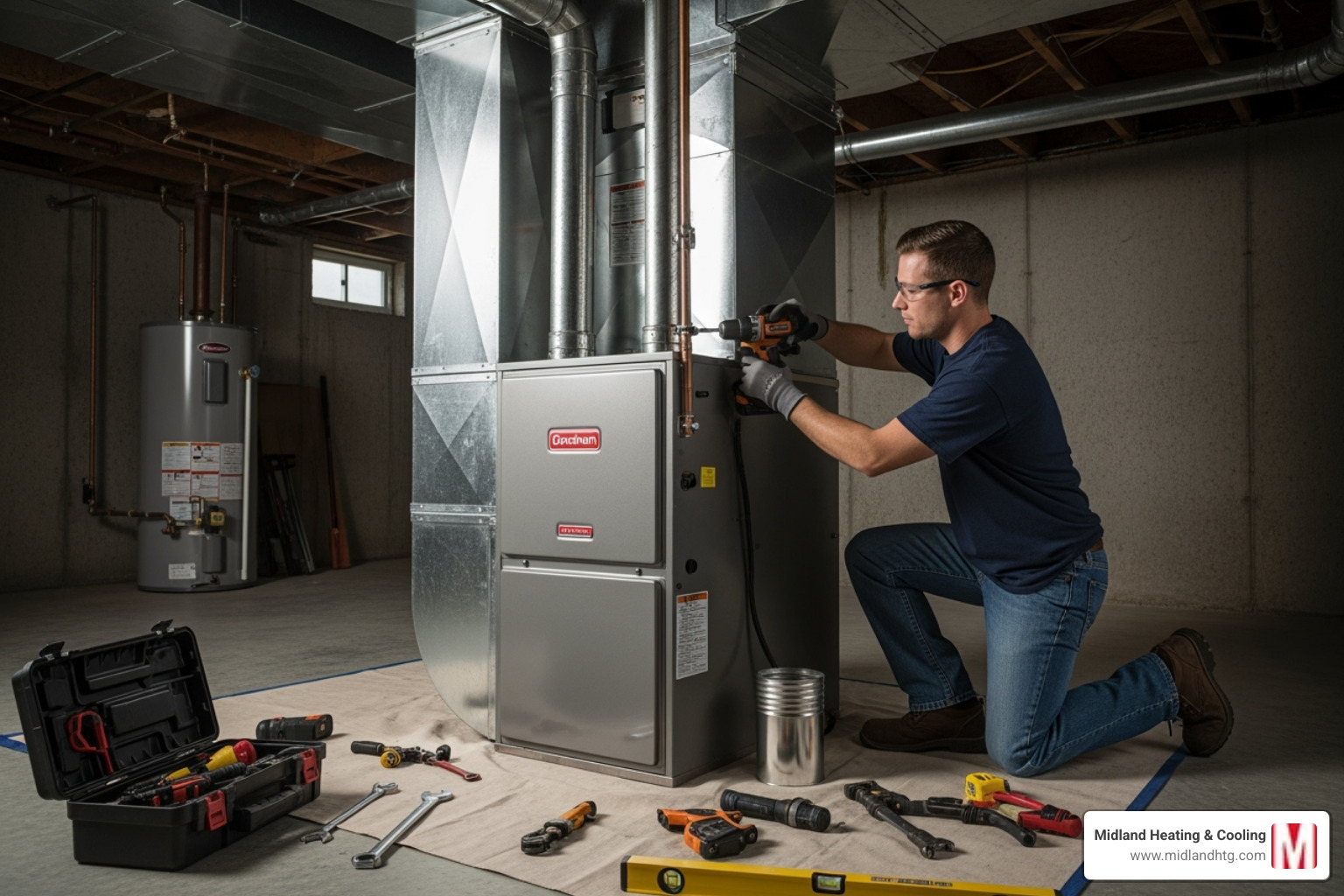 Certified technician installing a new furnace in a residential basement - furnace replacement minneapolis mn