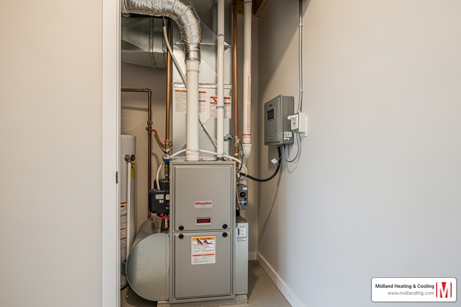 Modern high-efficiency furnace unit installed in a utility closet - furnace replacement minneapolis mn