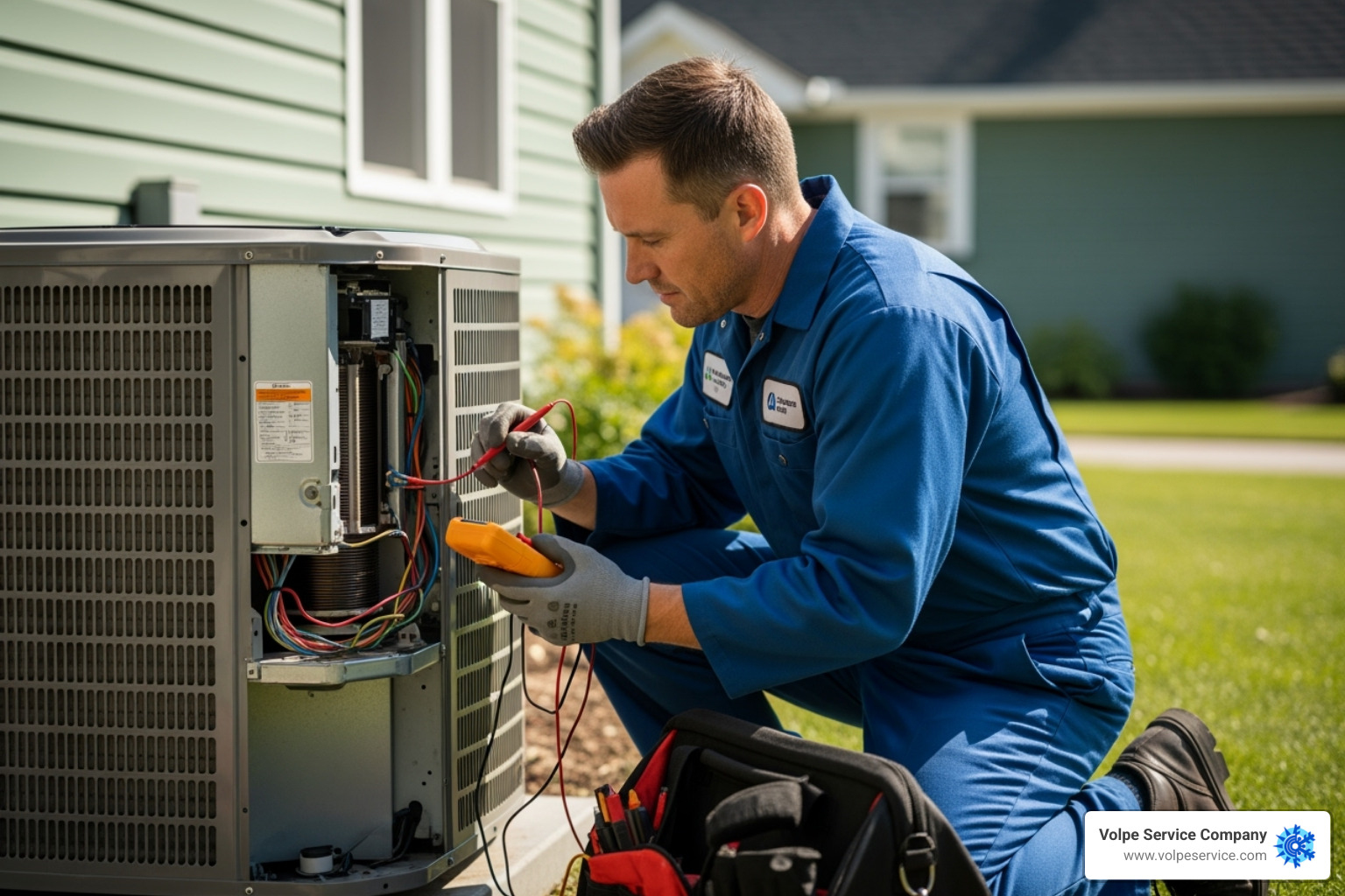 of a professional HVAC technician working on an outdoor unit - HVAC system troubleshooting