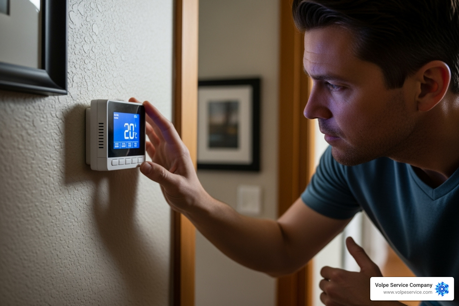 of a homeowner looking at their thermostat - HVAC system troubleshooting