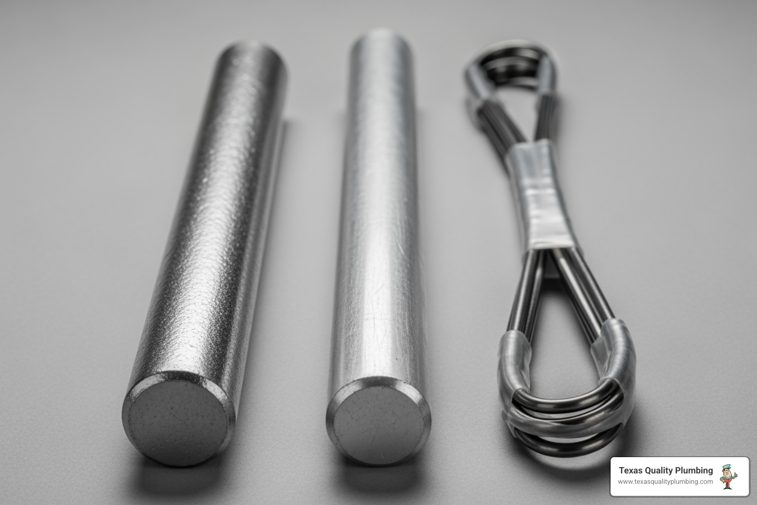 Image of different anode rod types (magnesium, aluminum, flexible) - Anode rod replacement