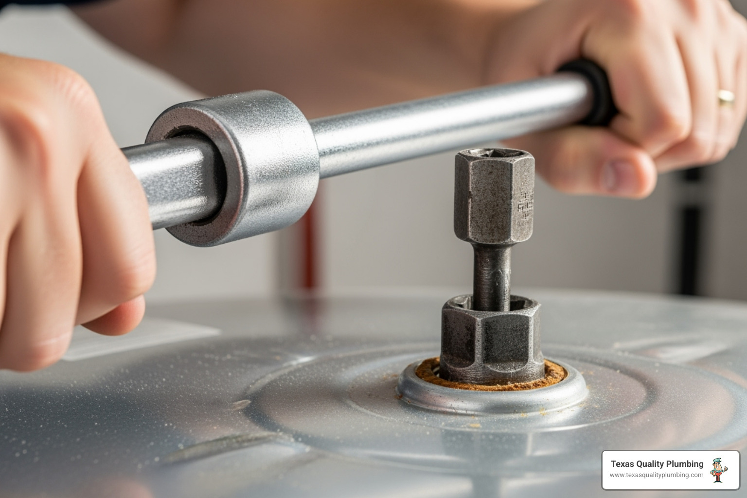 Image of a breaker bar being used to loosen a stubborn anode rod - Anode rod replacement