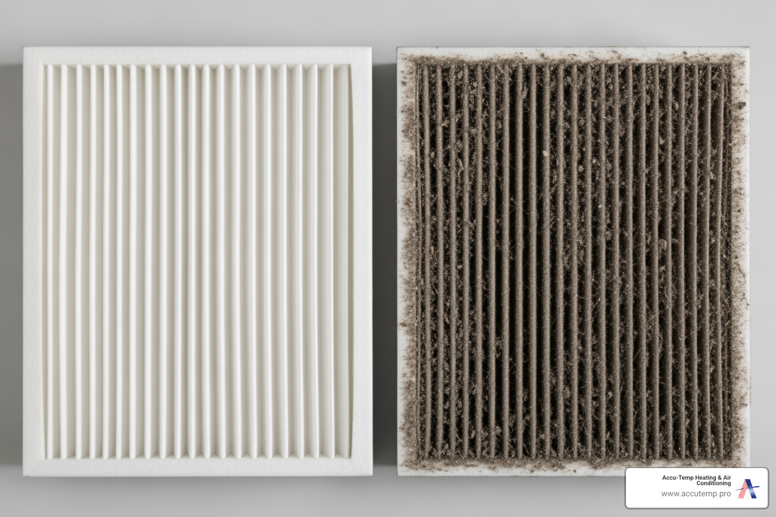 Comparison of a clean, white HVAC air filter next to a dark, visibly dirty and clogged HVAC air filter - heat pump not cooling Comparison of a clean, white HVAC air filter next to a dark, visibly dirty and clogged HVAC air filter - heat pump not cooling