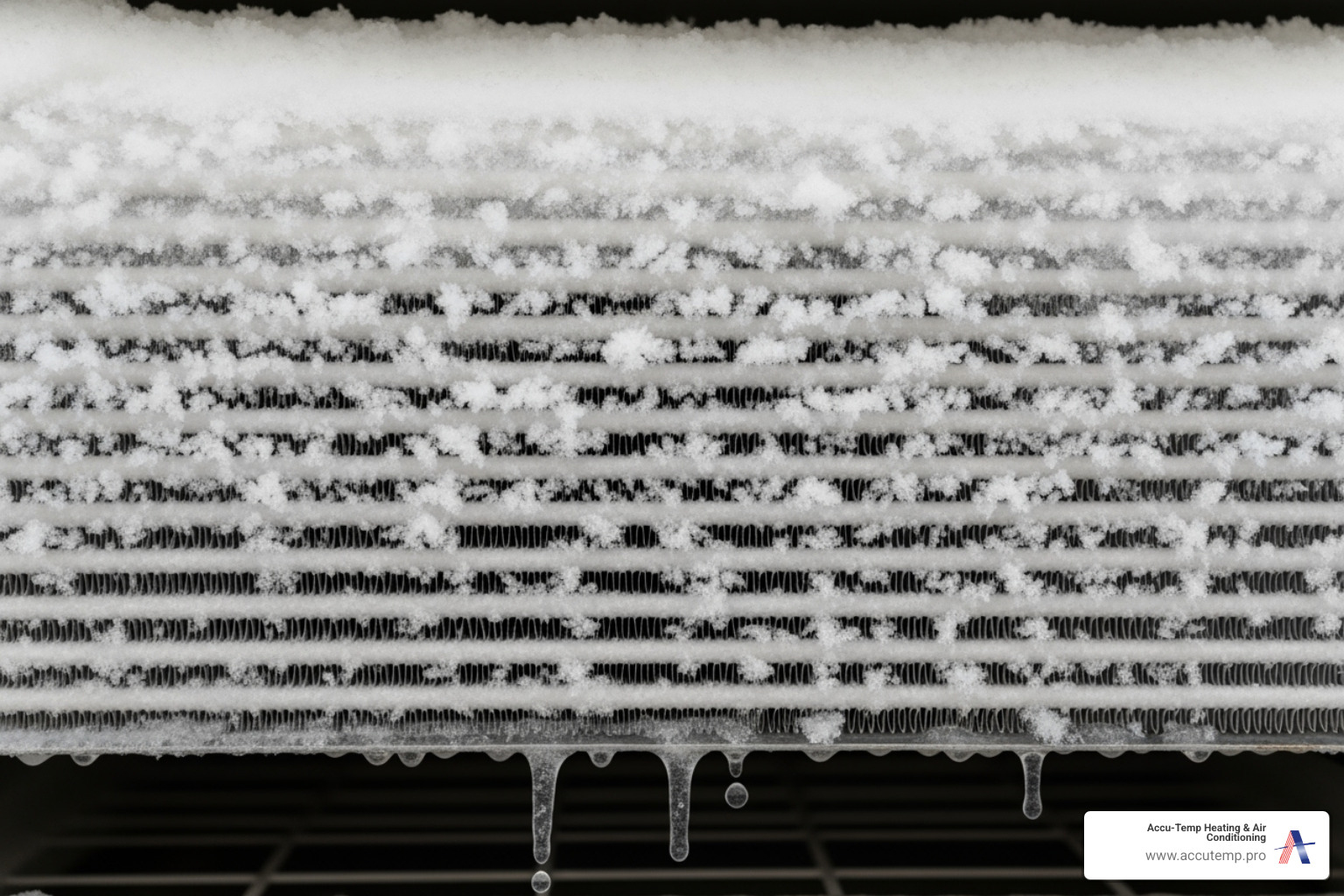 Close-up image of a heat pump's indoor evaporator coil completely covered in a thick layer of ice - heat pump not cooling Close-up image of a heat pump's indoor evaporator coil completely covered in a thick layer of ice - heat pump not cooling