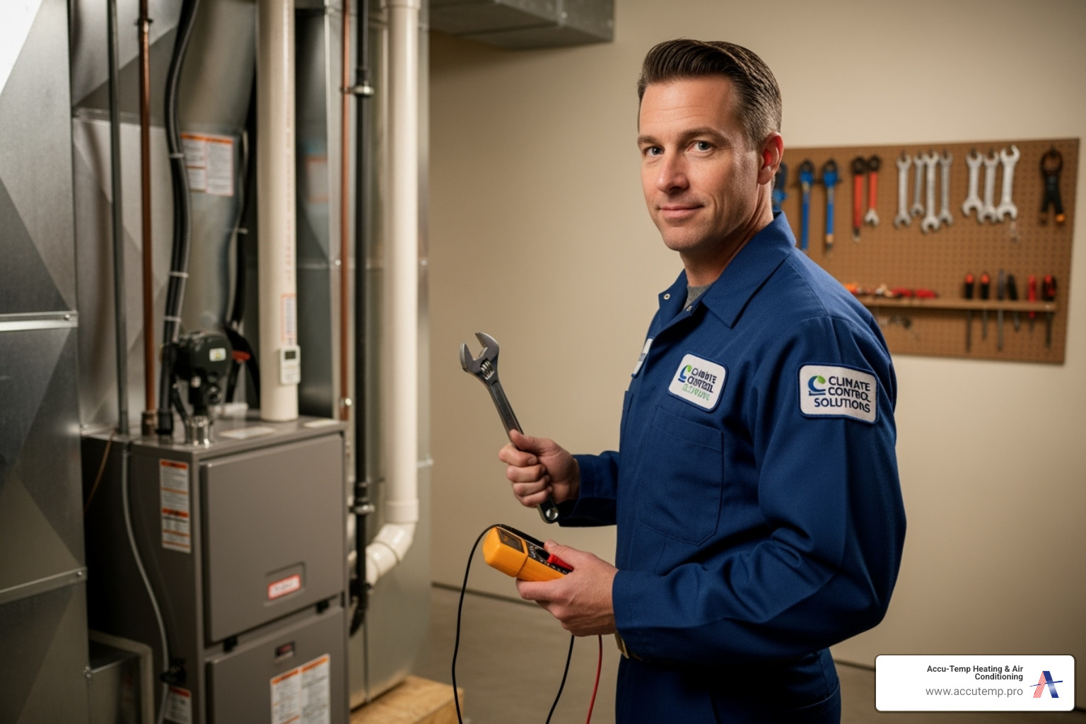of a professional, uniformed HVAC technician with tools - ac repair daytona beach fl of a professional, uniformed HVAC technician with tools - ac repair daytona beach fl