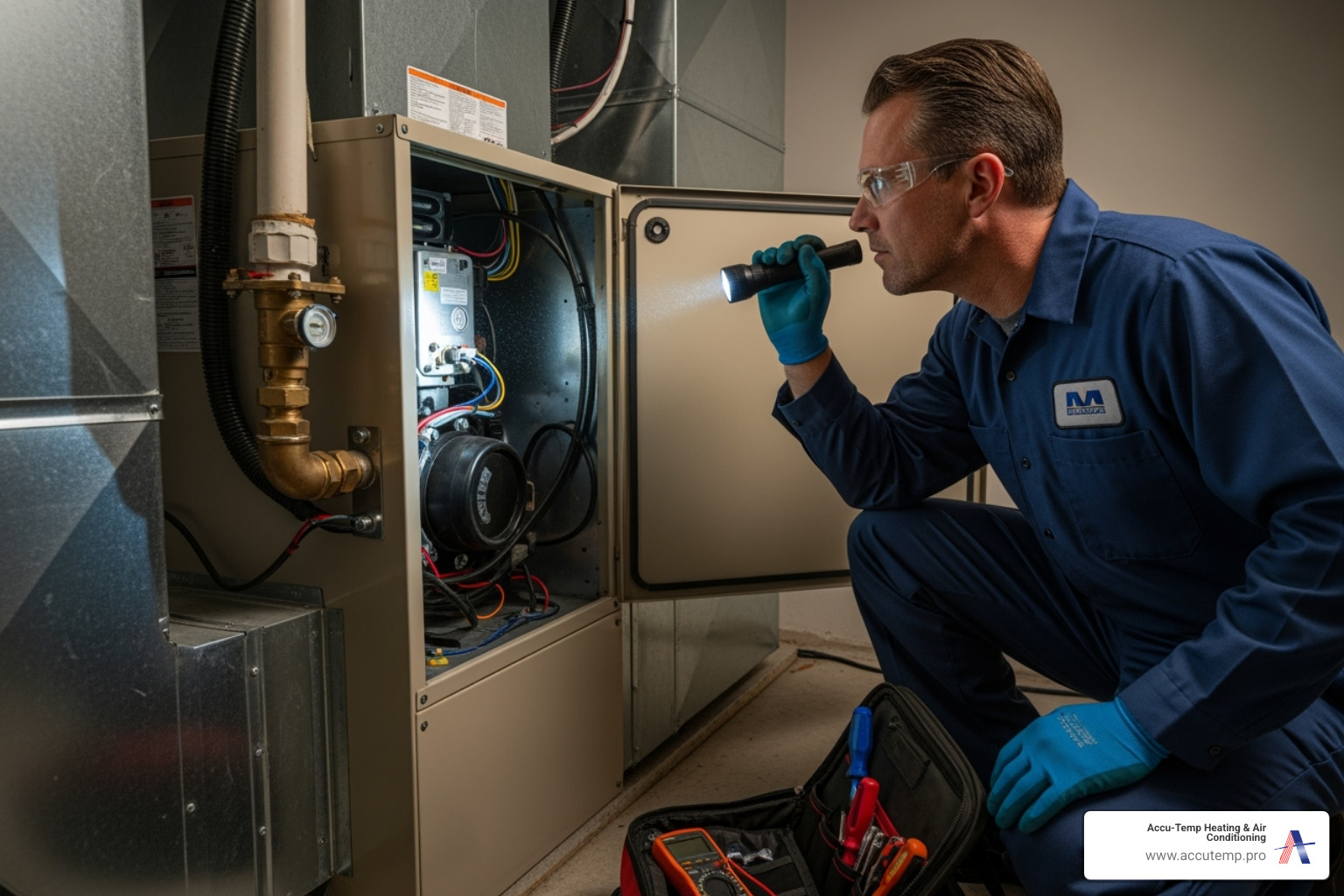 technician carefully inspecting an indoor air handler. - AC company Palm Coast
