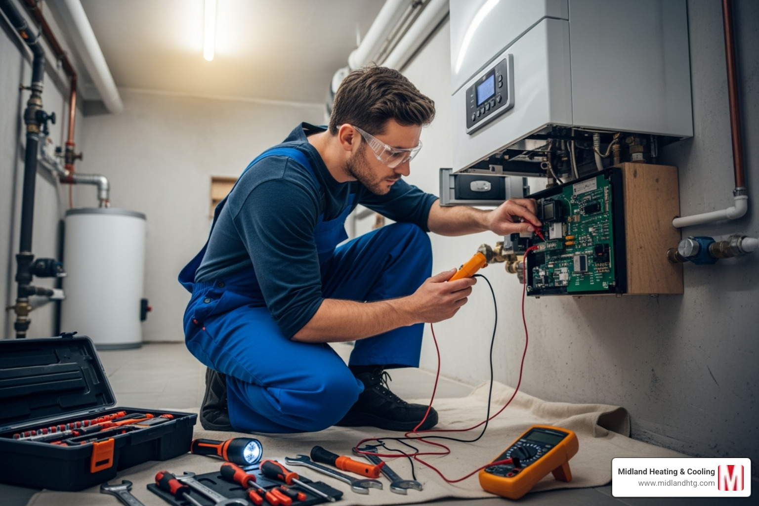 A technician performing boiler maintenance, checking various components - boiler leaking water A technician performing boiler maintenance, checking various components - boiler leaking water
