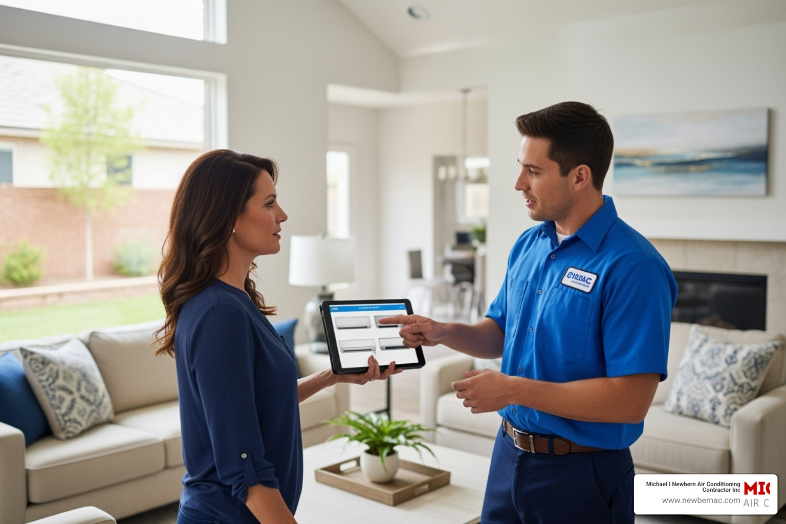 Homeowner discussing options with an HVAC technician - AC replacement Lakeland