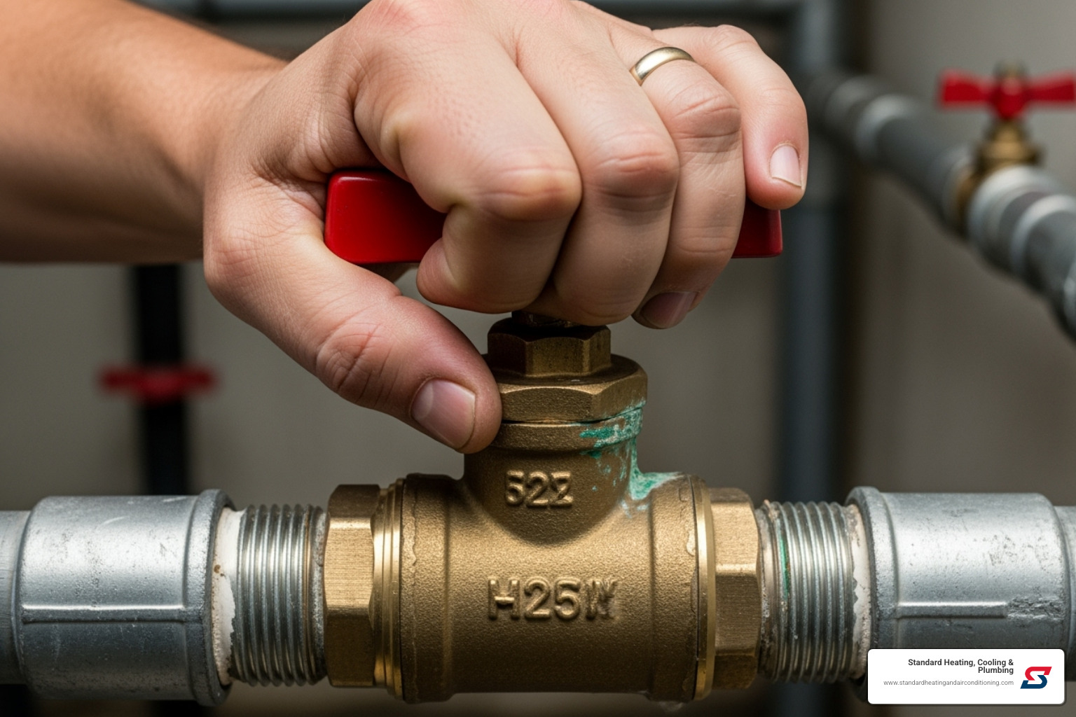 A close-up of a hand firmly turning the main water shut-off valve to stop a plumbing emergency - Best Plumber Birmingham