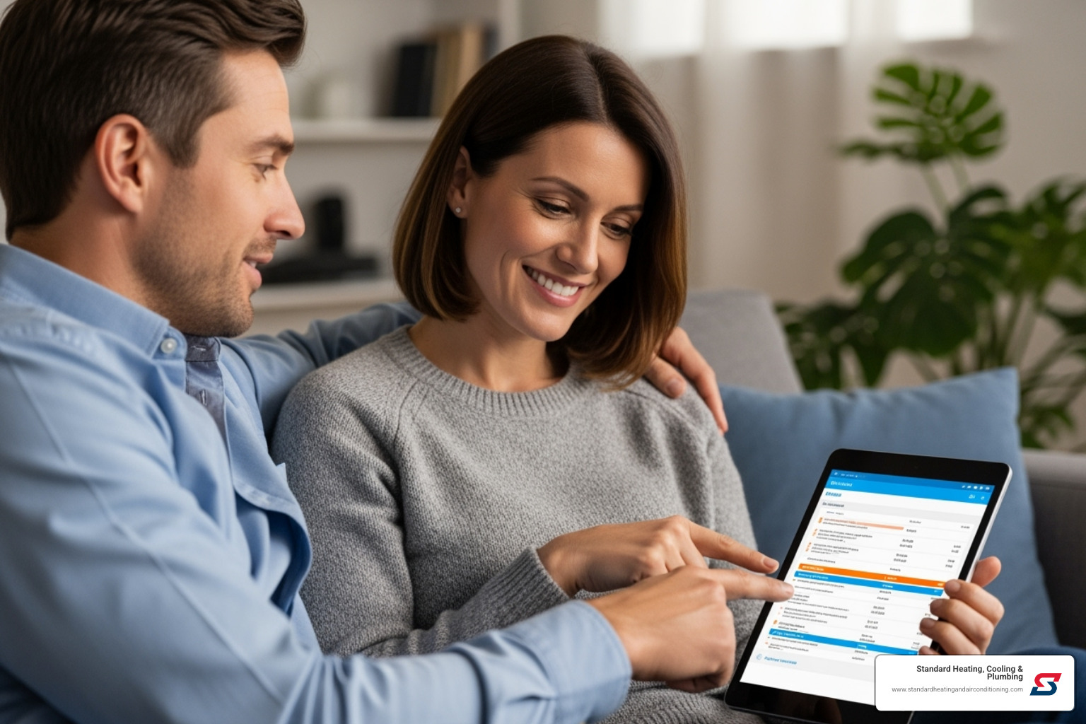 A smiling homeowner reviews a detailed quote on a tablet, sitting comfortably with a professional plumber who points to specific line items - Best Plumber Birmingham