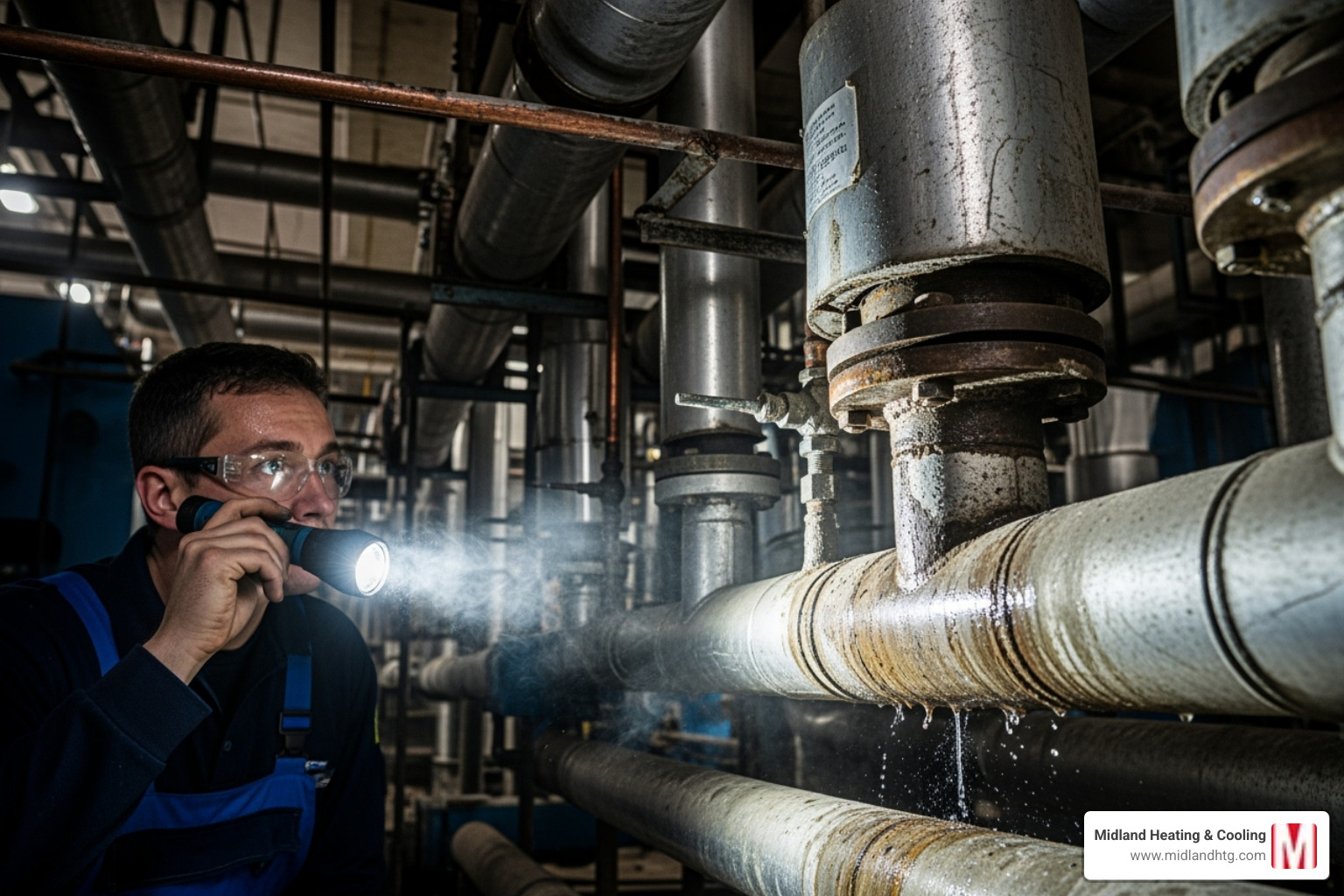 A person inspecting boiler pipes with a flashlight, highlighting potential leak spots - boiler leaking water A person inspecting boiler pipes with a flashlight, highlighting potential leak spots - boiler leaking water