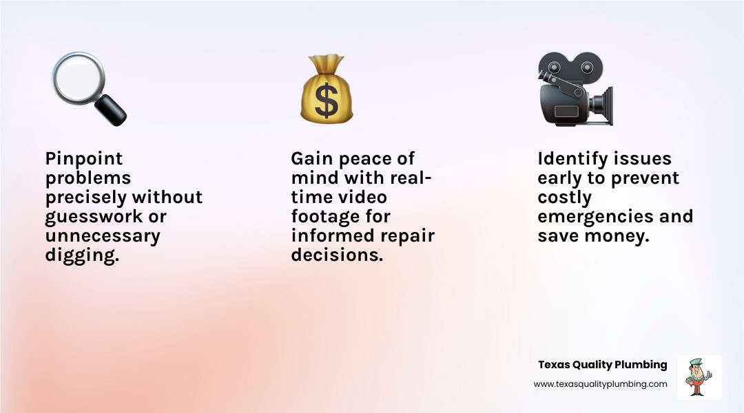 Infographic showing the top 3 benefits of sewer camera inspections: 1) Accurate diagnosis without excavation, 2) Early problem detection saves money, 3) Real-time video evidence for informed decisions - sewer camera inspection Houston infographic 3_facts_emoji_light-gradient