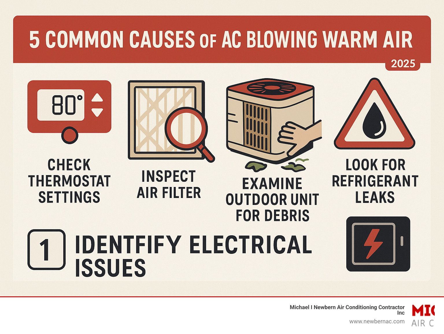 Infographic showing the 5 most common causes of AC blowing warm air with simple diagnostic steps: checking thermostat settings, inspecting air filter condition, examining outdoor unit for debris, looking for signs of refrigerant leaks, and identifying electrical issues - AC blowing warm air infographic 