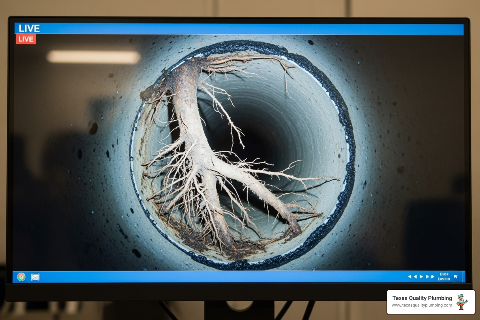 monitor showing tree root intrusion inside a sewer pipe - sewer camera inspection Houston
