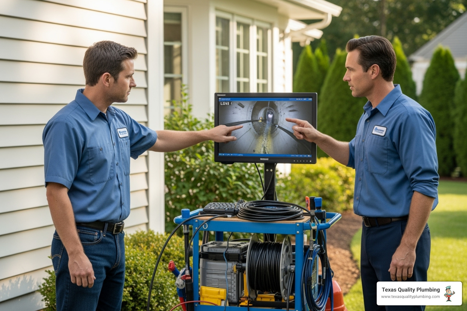 professional plumber showing a homeowner the findings on a monitor - sewer camera inspection Houston