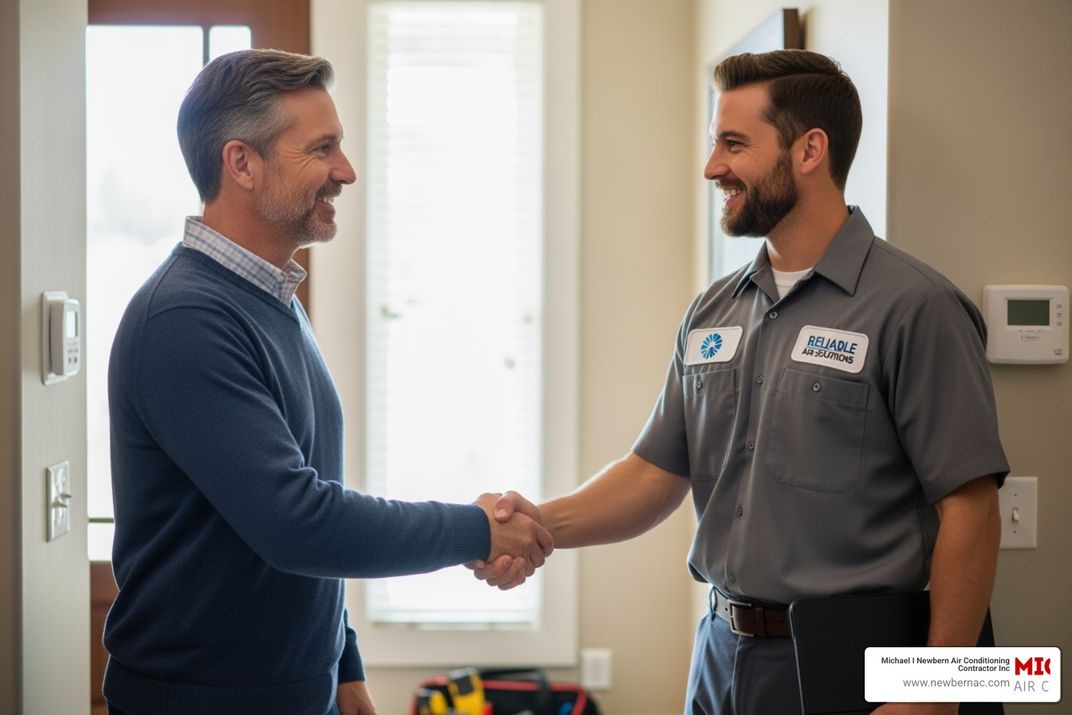 A homeowner shaking hands with a trusted HVAC technician, symbolizing a positive and reliable service relationship. - AC maintenance contract