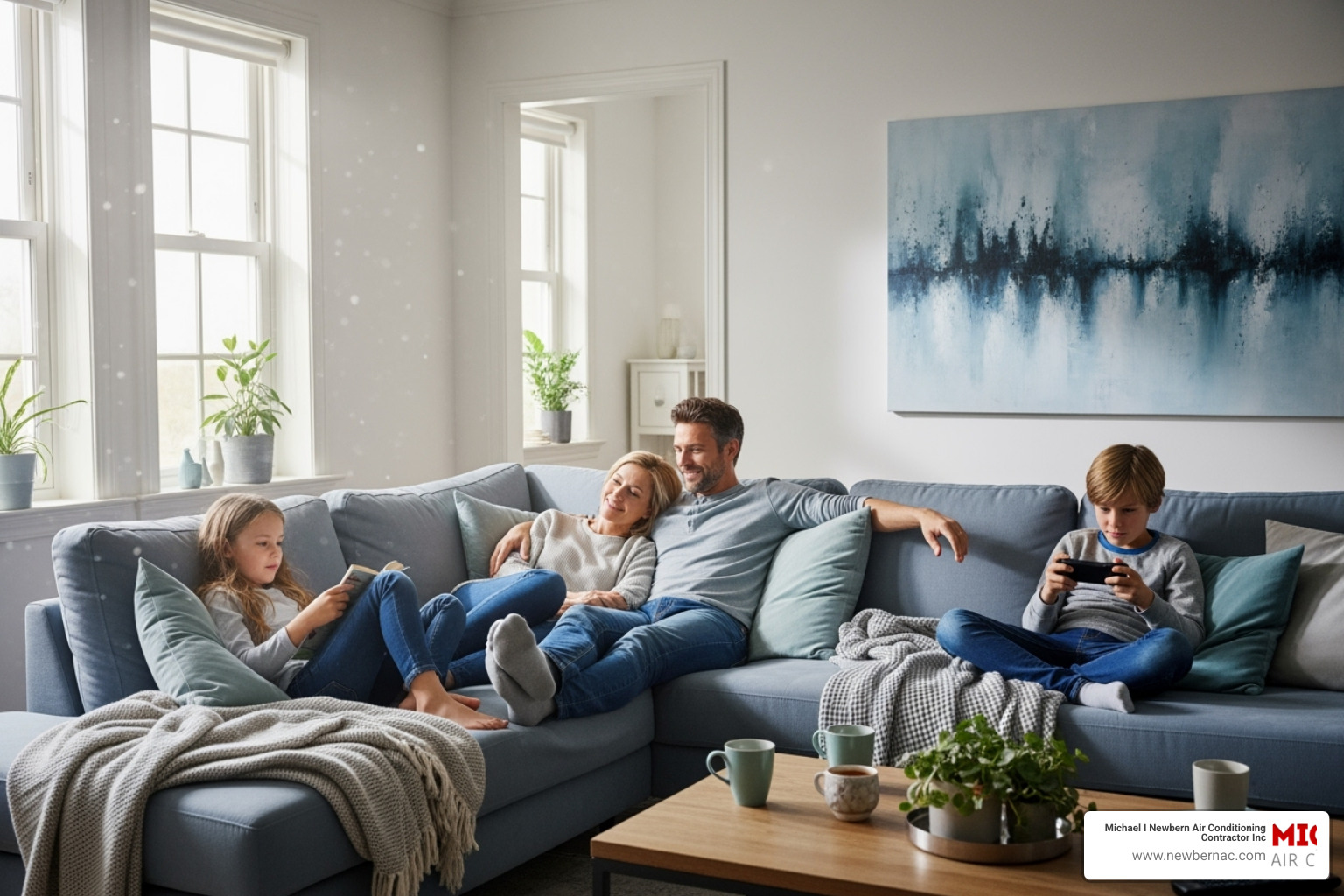 A family relaxing comfortably in a cool living room, highlighting the peace of mind and comfort provided by a well-maintained AC system. - AC maintenance contract