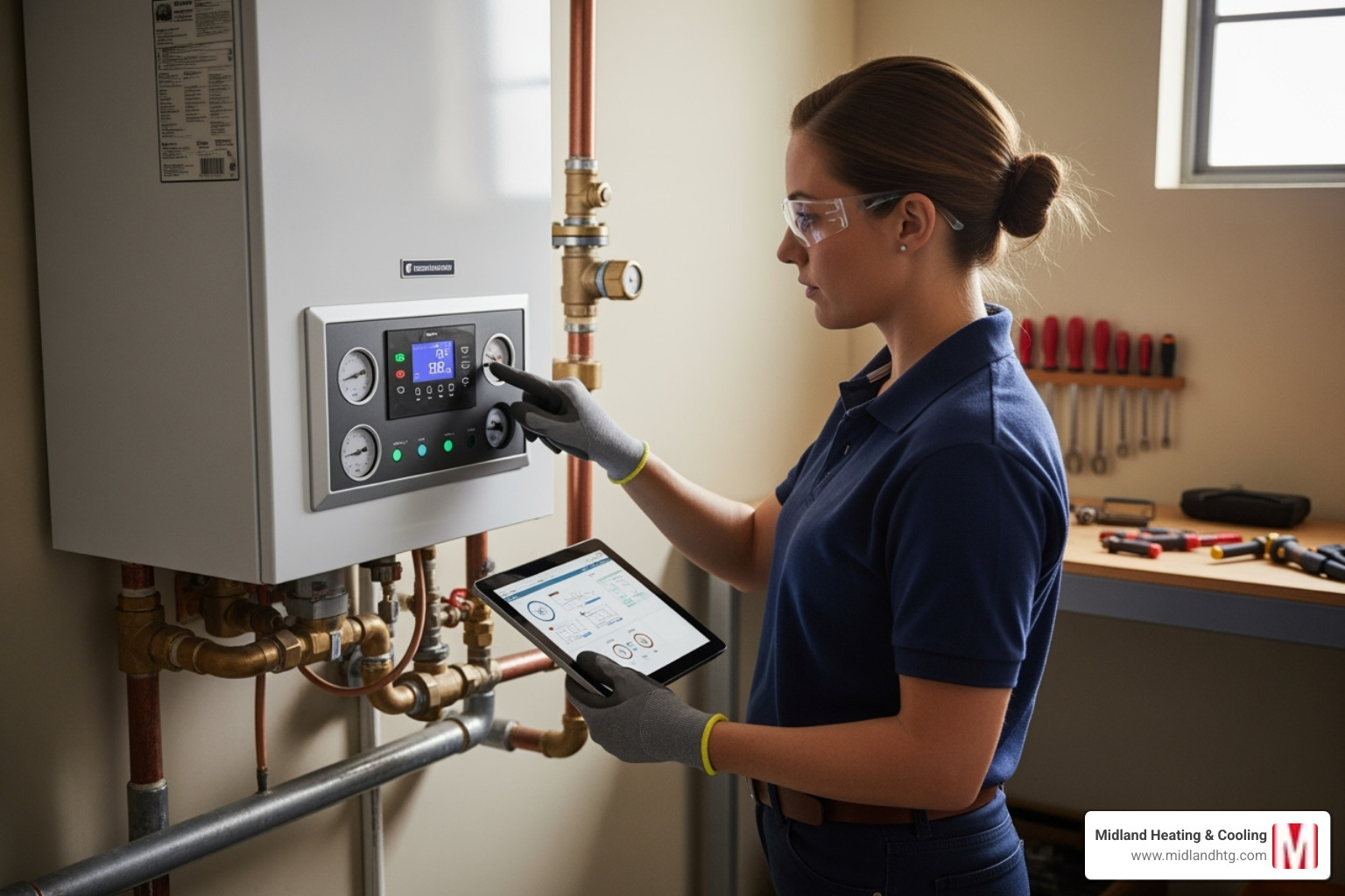 a certified technician inspecting a boiler's controls. - Boiler heating system a certified technician inspecting a boiler's controls. - Boiler heating system