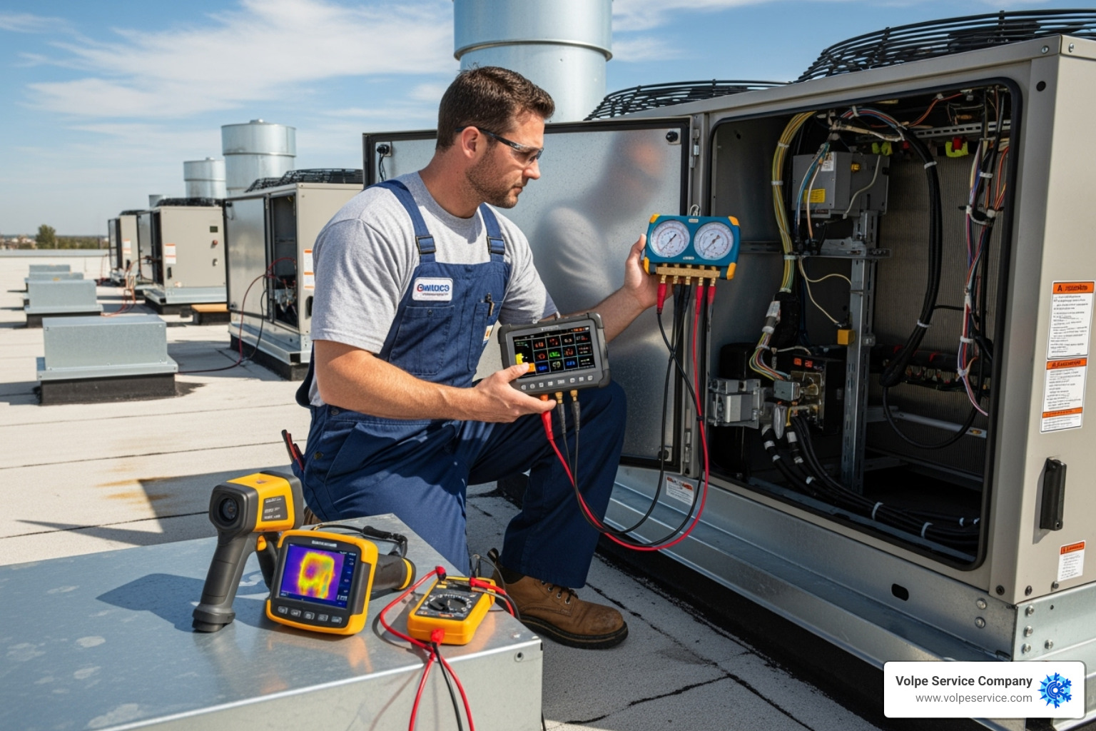 technician using diagnostic tools on a commercial HVAC system - Certified HVAC technicians