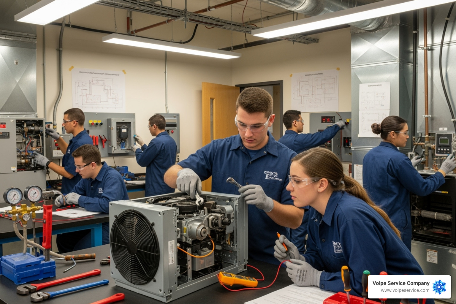 students in an HVAC training lab working on equipment - Certified HVAC technicians