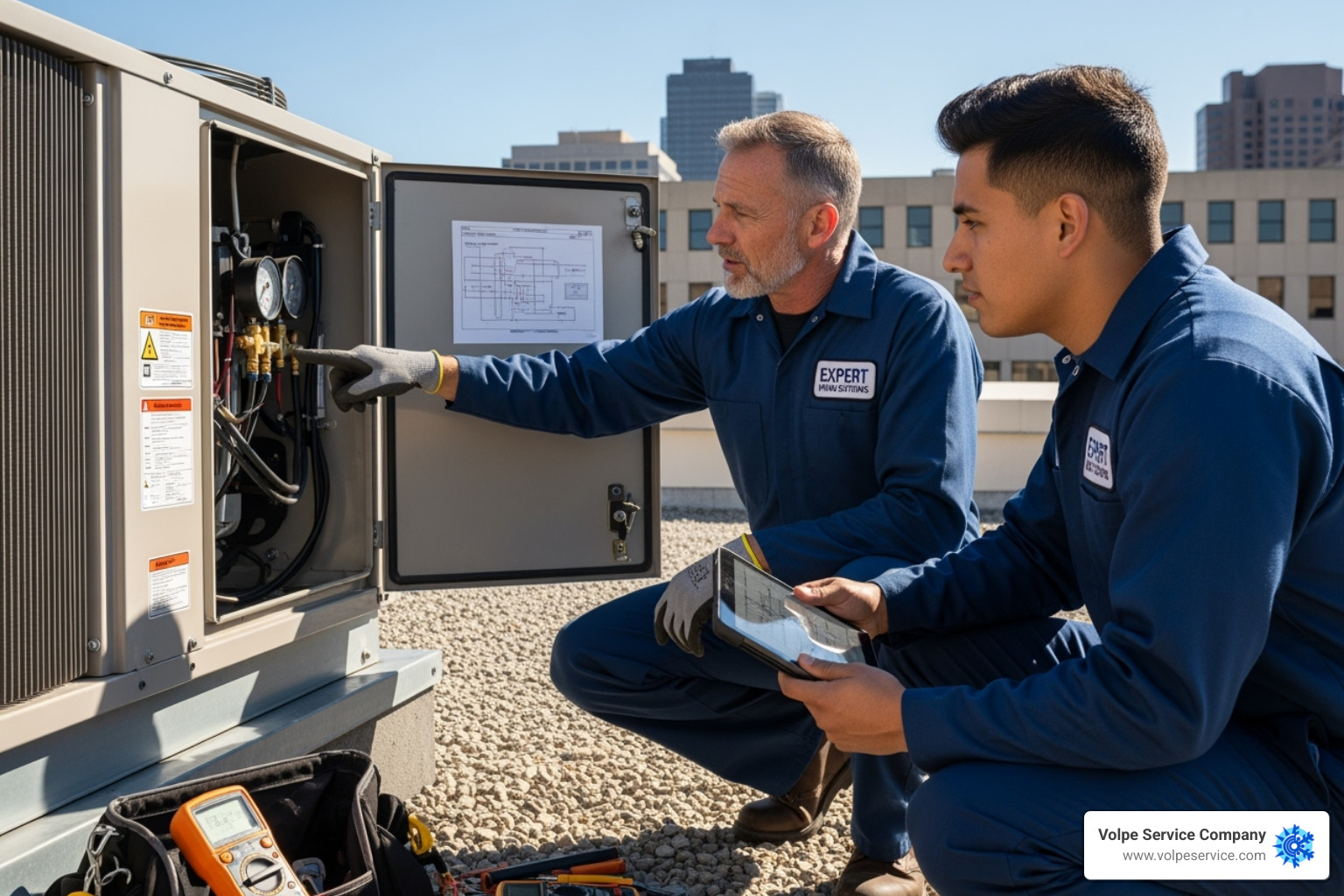 senior HVAC technician mentoring an apprentice on a job site - Certified HVAC technicians