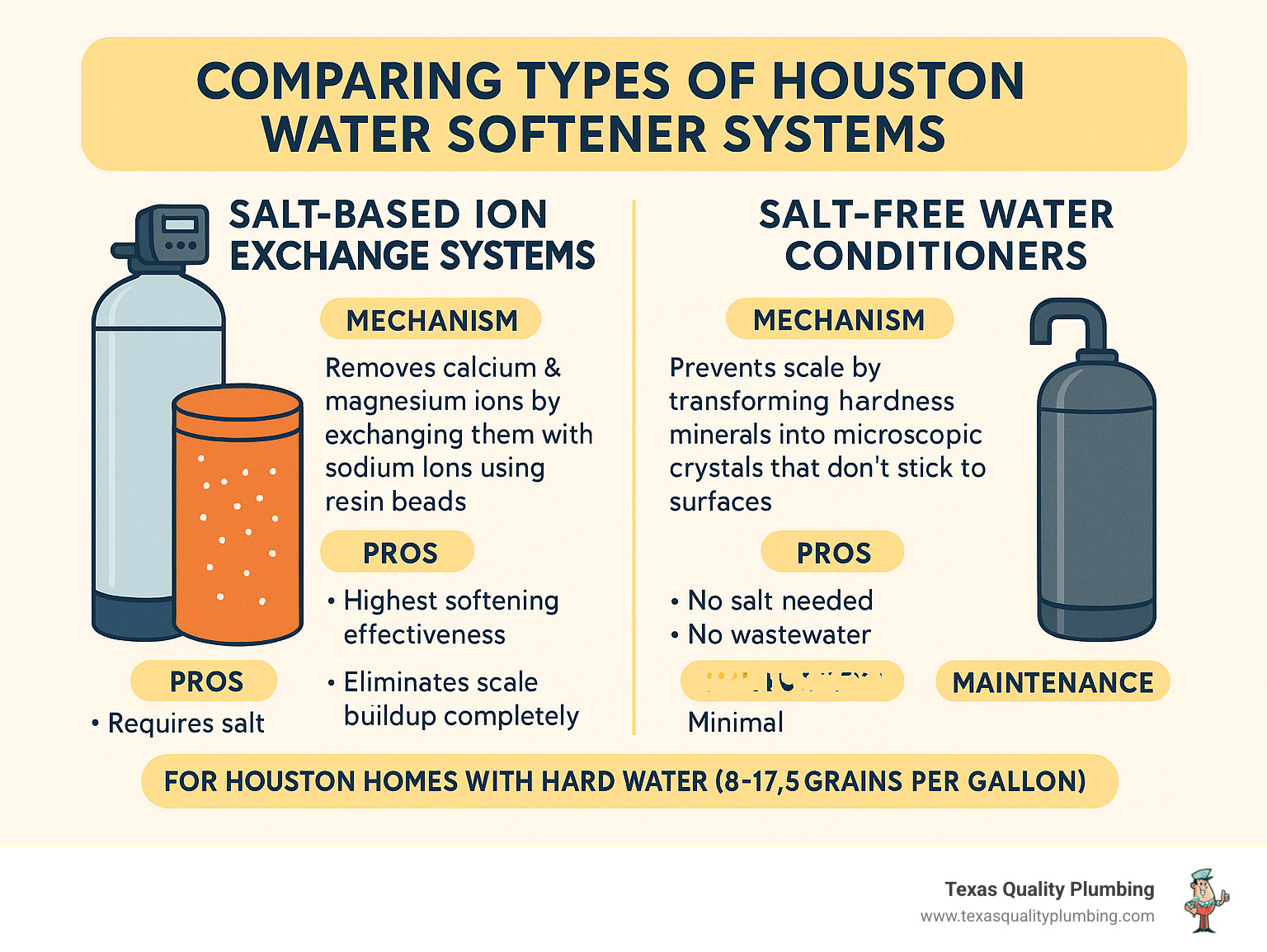 Comparison of salt-based ion exchange systems versus salt-free water conditioners on mechanism, pros, cons, and maintenance for Houston homes with hard water ranging from 8-17.5 grains per gallon - houston water softener systems infographic Comparison of salt-based ion exchange systems versus salt-free water conditioners on mechanism, pros, cons, and maintenance for Houston homes with hard water ranging from 8-17.5 grains per gallon - houston water softener systems infographic