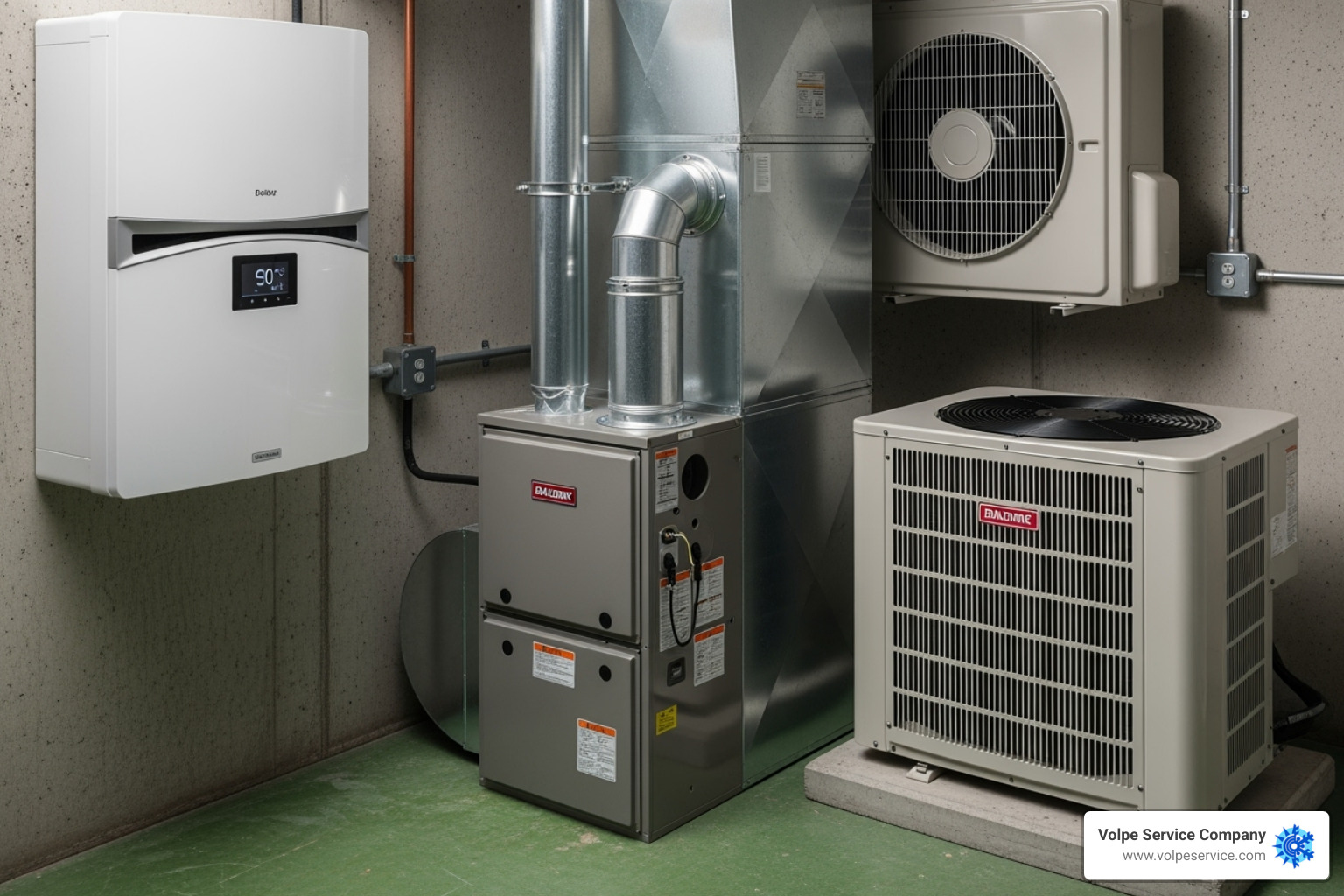 of different HVAC units, including a furnace, an outdoor AC condenser, and a ductless mini-split - HVAC repair Chester of different HVAC units, including a furnace, an outdoor AC condenser, and a ductless mini-split - HVAC repair Chester
