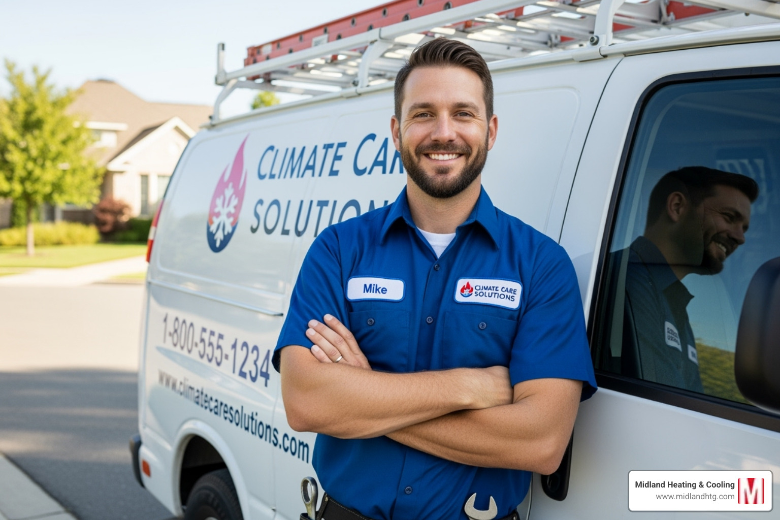 A friendly, professional HVAC technician in a clean uniform smiling and standing confidently beside a well-maintained company service van, ready to provide excellent service - AC tune up Minneapolis