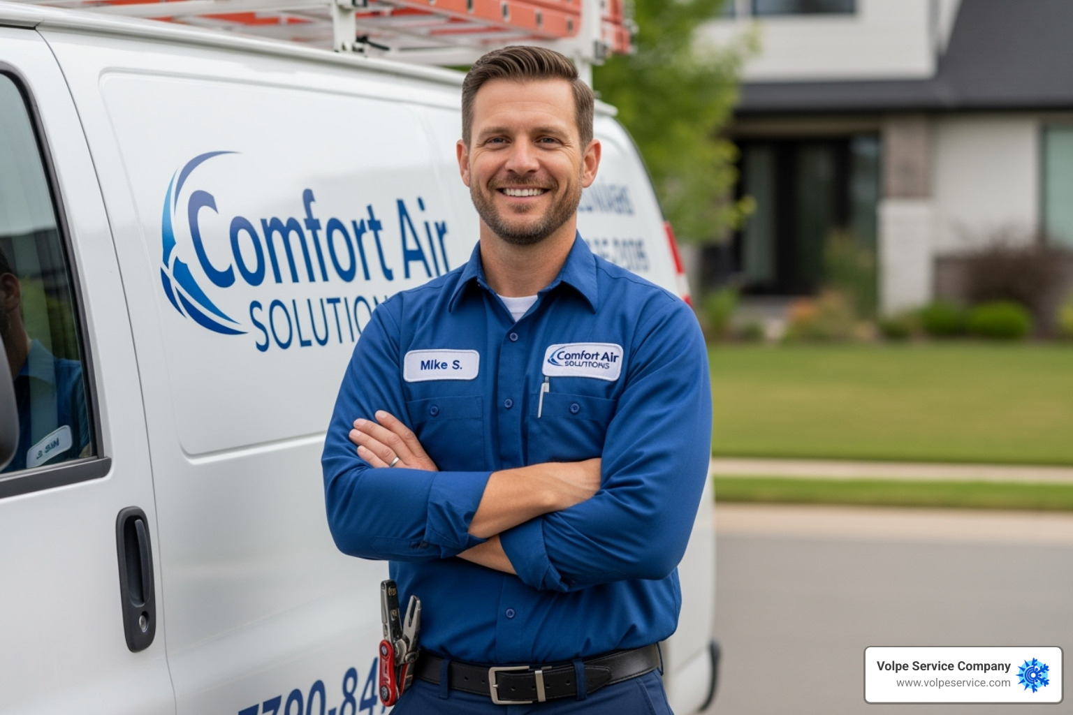 of a friendly, professional technician in uniform standing next to a service van - HVAC repair Chester of a friendly, professional technician in uniform standing next to a service van - HVAC repair Chester