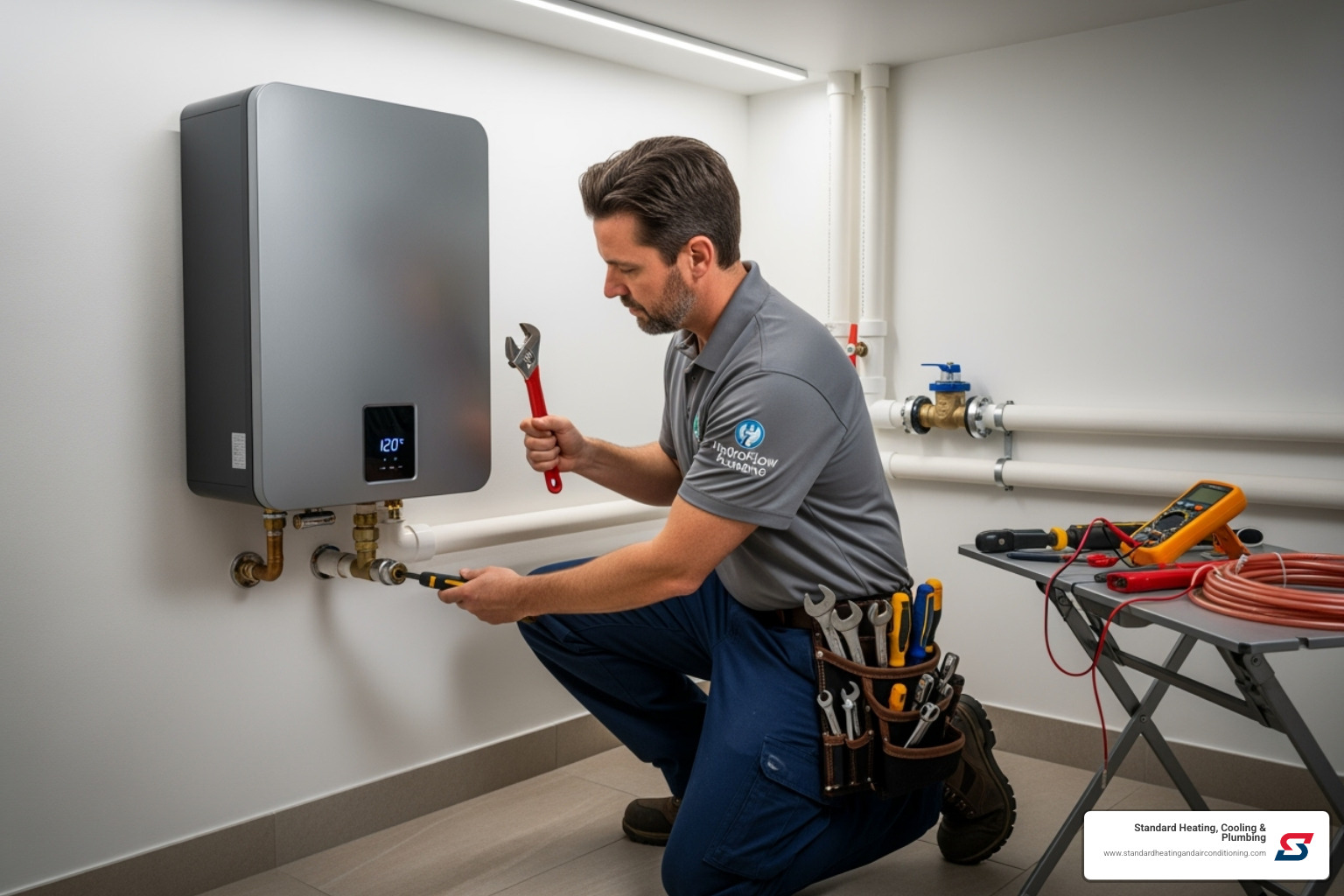 A professional plumber expertly repairing a modern tankless water heater in a clean, well-lit utility area - Best Plumber Birmingham