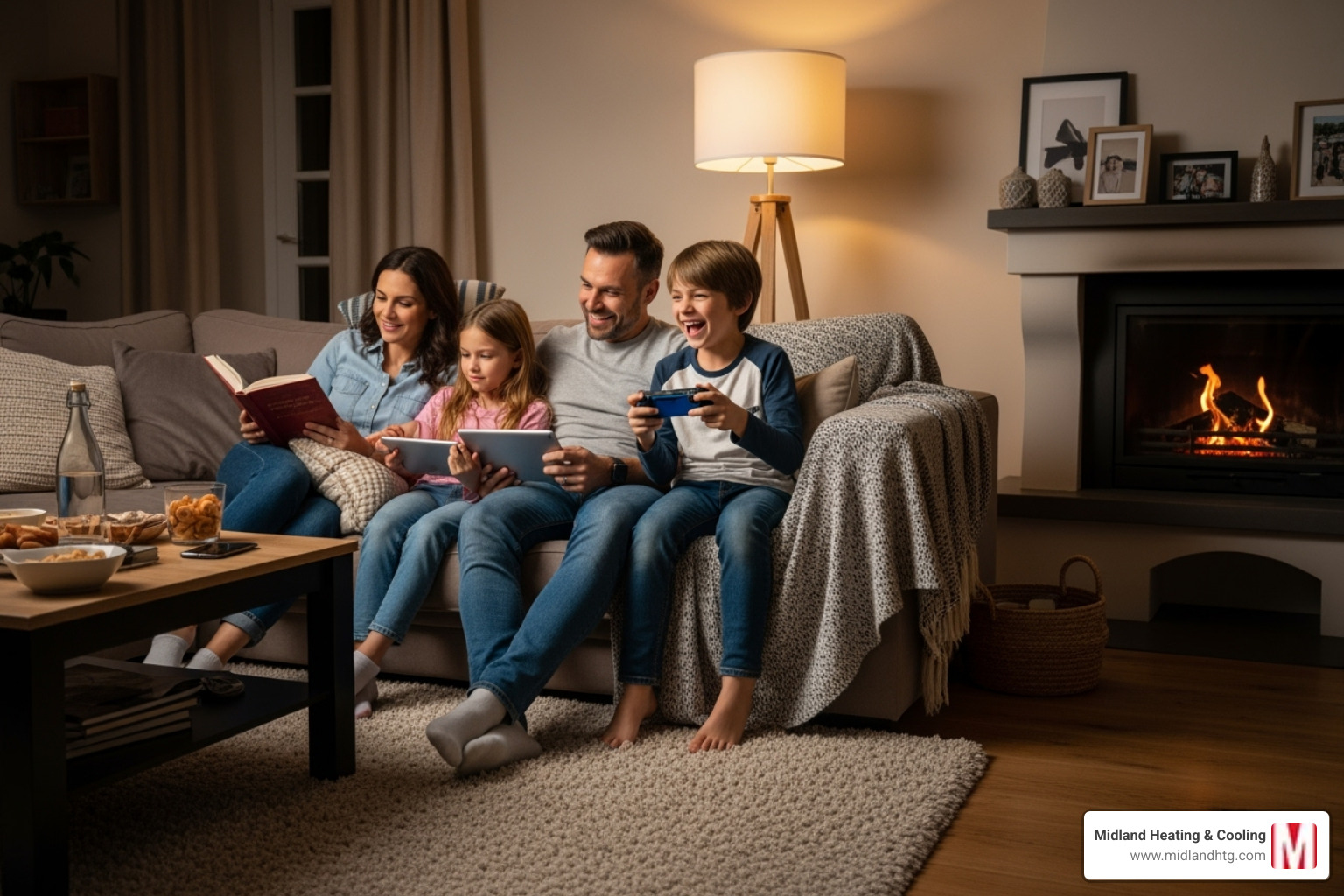family comfortably relaxing in their living room - HVAC system upgrade family comfortably relaxing in their living room - HVAC system upgrade