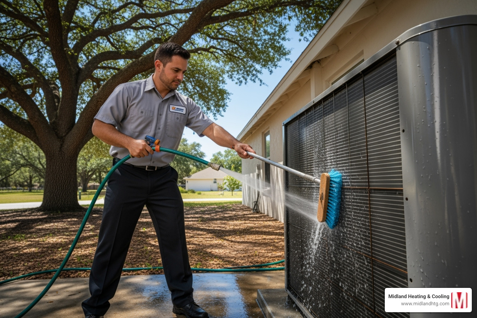 A certified technician in a professional uniform carefully cleaning the outdoor condenser unit of an air conditioner with a hose and brush - AC tune up Minneapolis