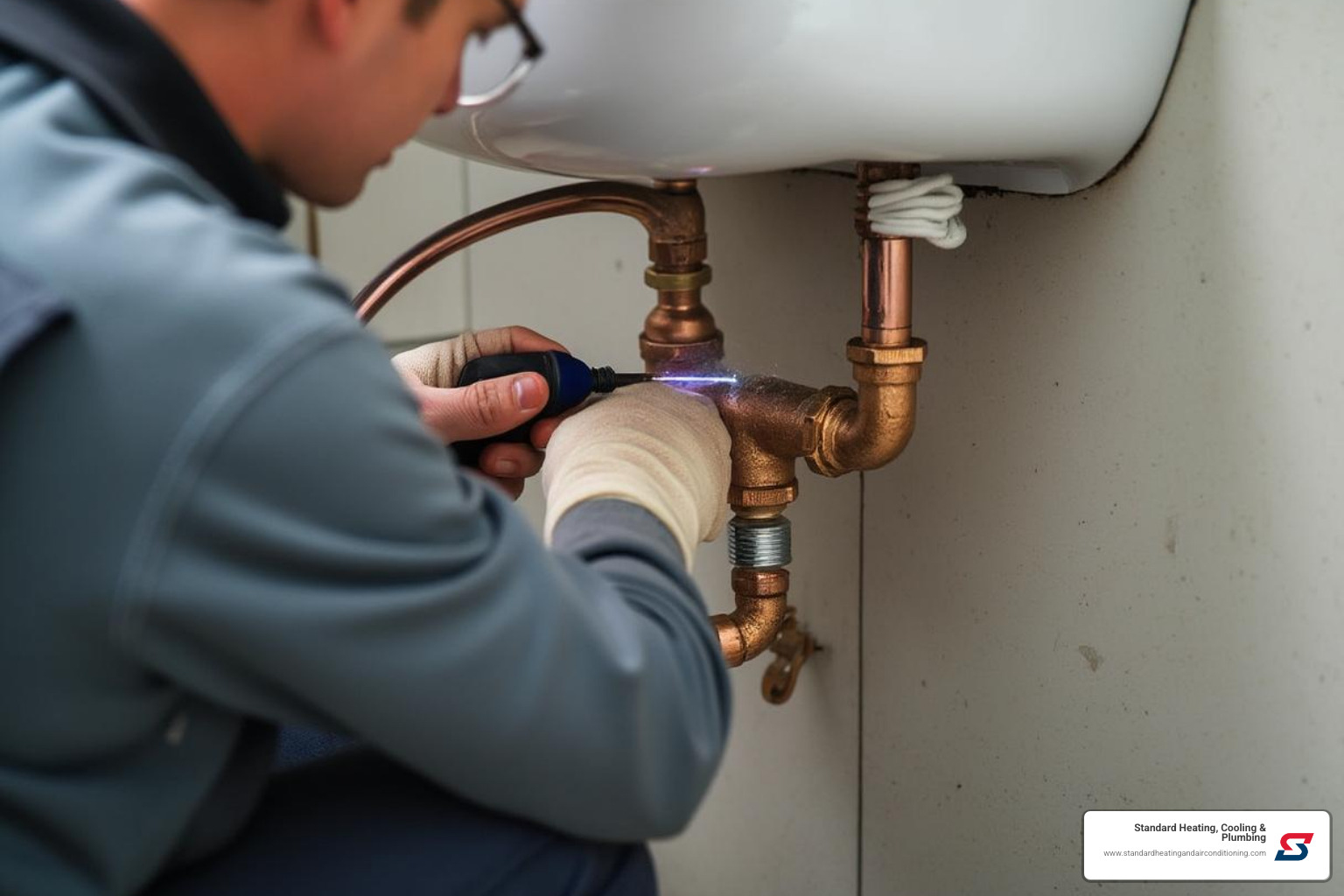 Professional plumber soldering a copper pipe - residential pipe leak fix Professional plumber soldering a copper pipe - residential pipe leak fix