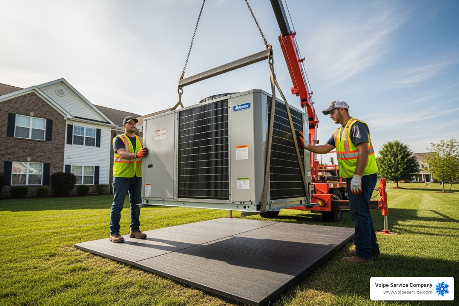 new condenser unit being placed on a level composite pad - AC installation process