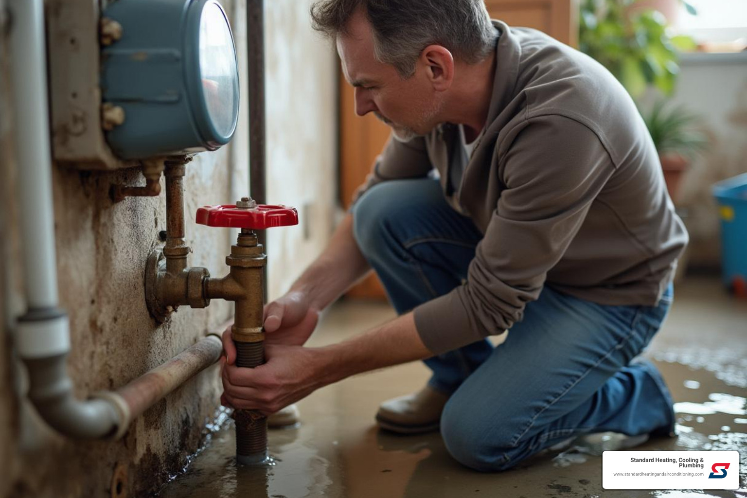 Homeowner shutting off main water valve - residential pipe leak fix Homeowner shutting off main water valve - residential pipe leak fix