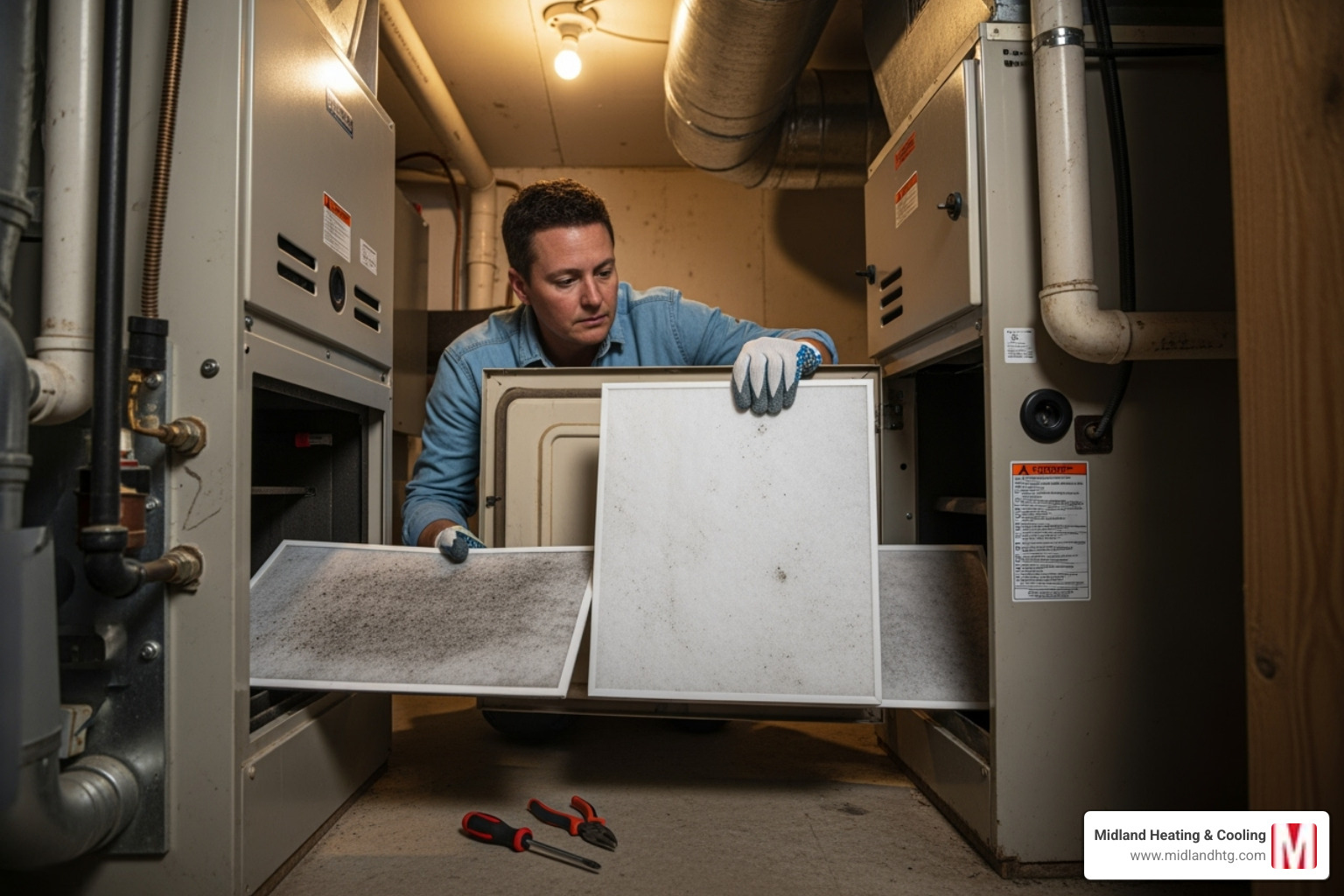 image of a homeowner replacing a furnace filter - Annual furnace maintenance
