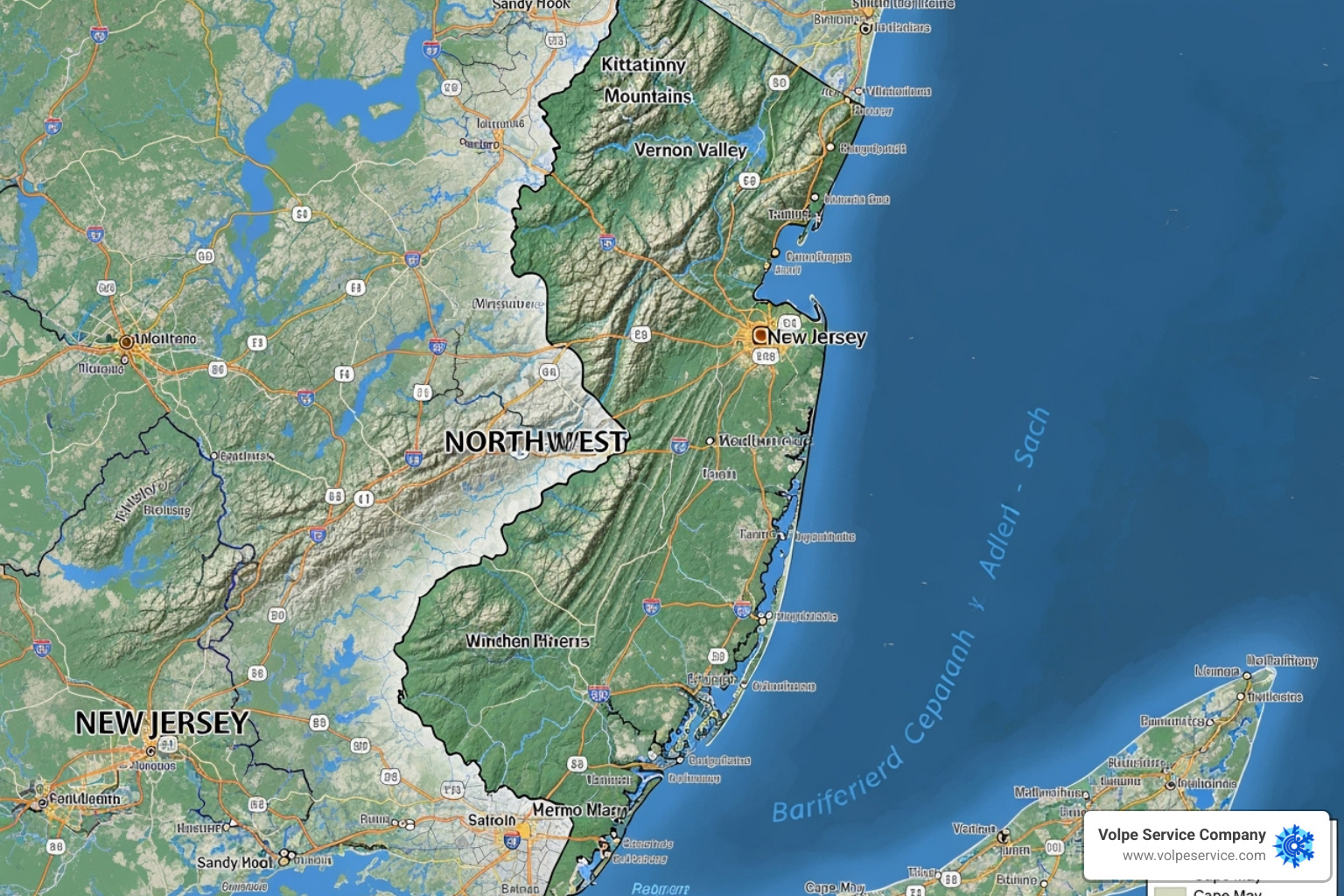 Map of New Jersey highlighting coastal and northwest regions - furnace repair New Jersey Map of New Jersey highlighting coastal and northwest regions - furnace repair New Jersey