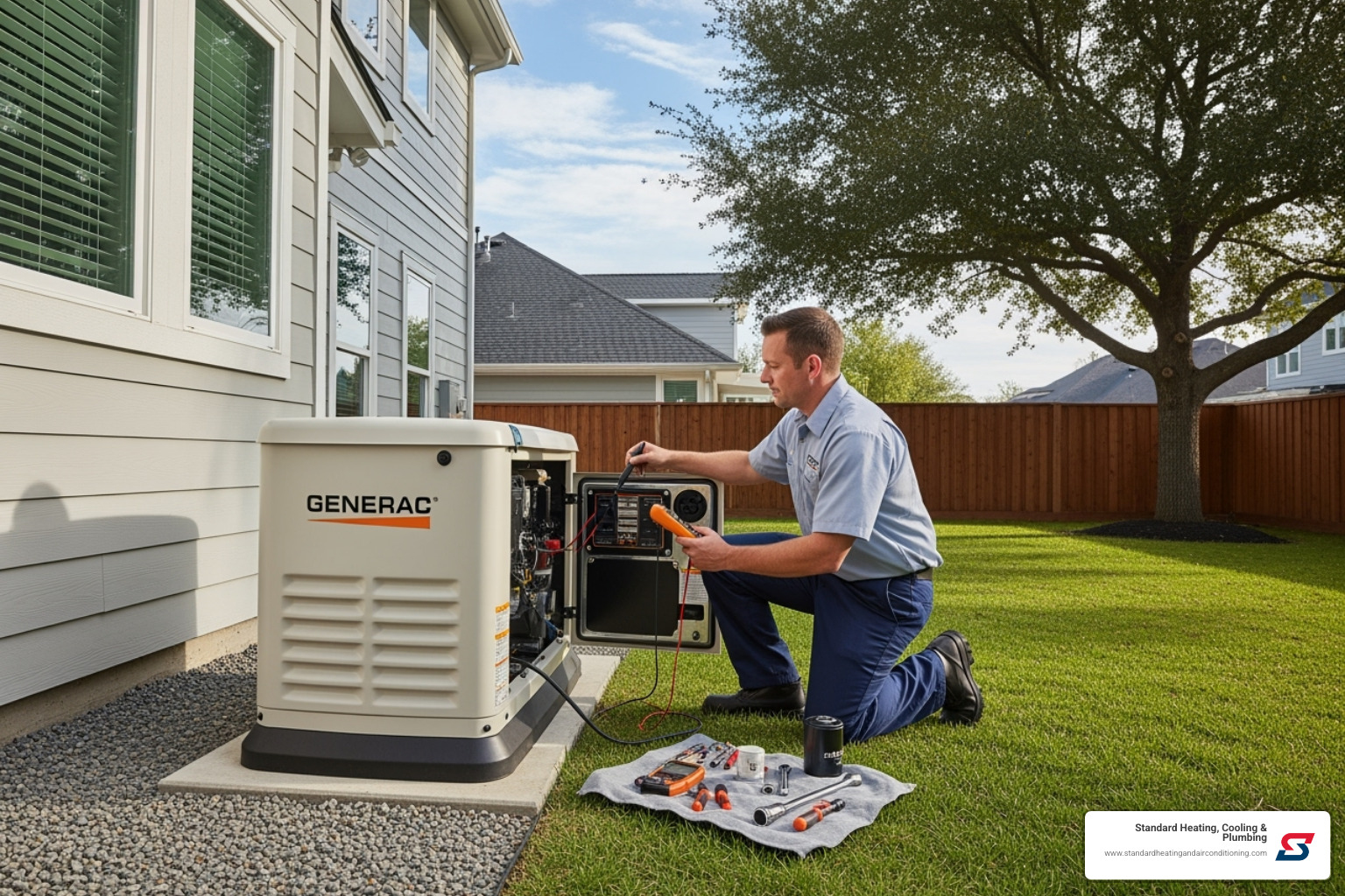 certified technician performing maintenance on a home standby generator - best home generators