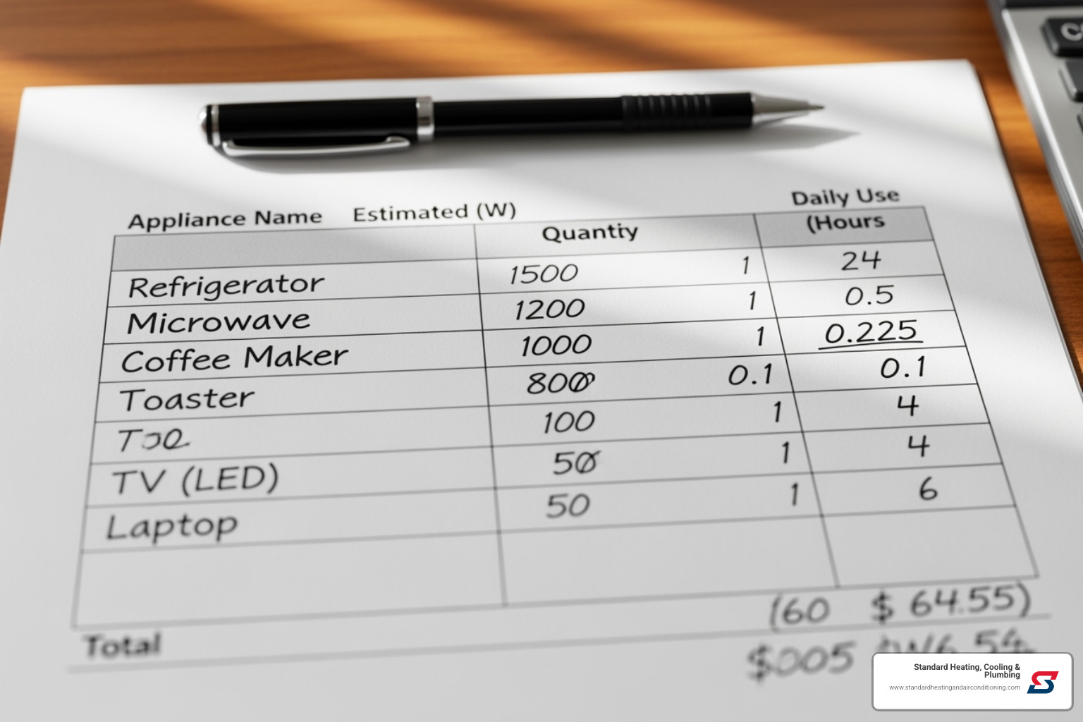 worksheet showing appliance wattage calculations - best home generators
