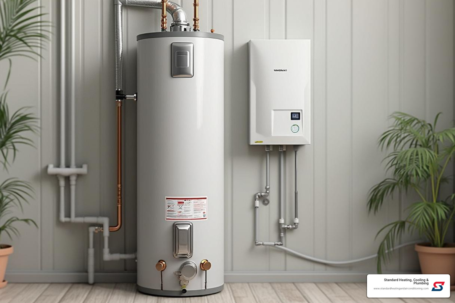 side-by-side of a traditional tank and a wall-mounted tankless water heater - water heater installation Birmingham side-by-side of a traditional tank and a wall-mounted tankless water heater - water heater installation Birmingham