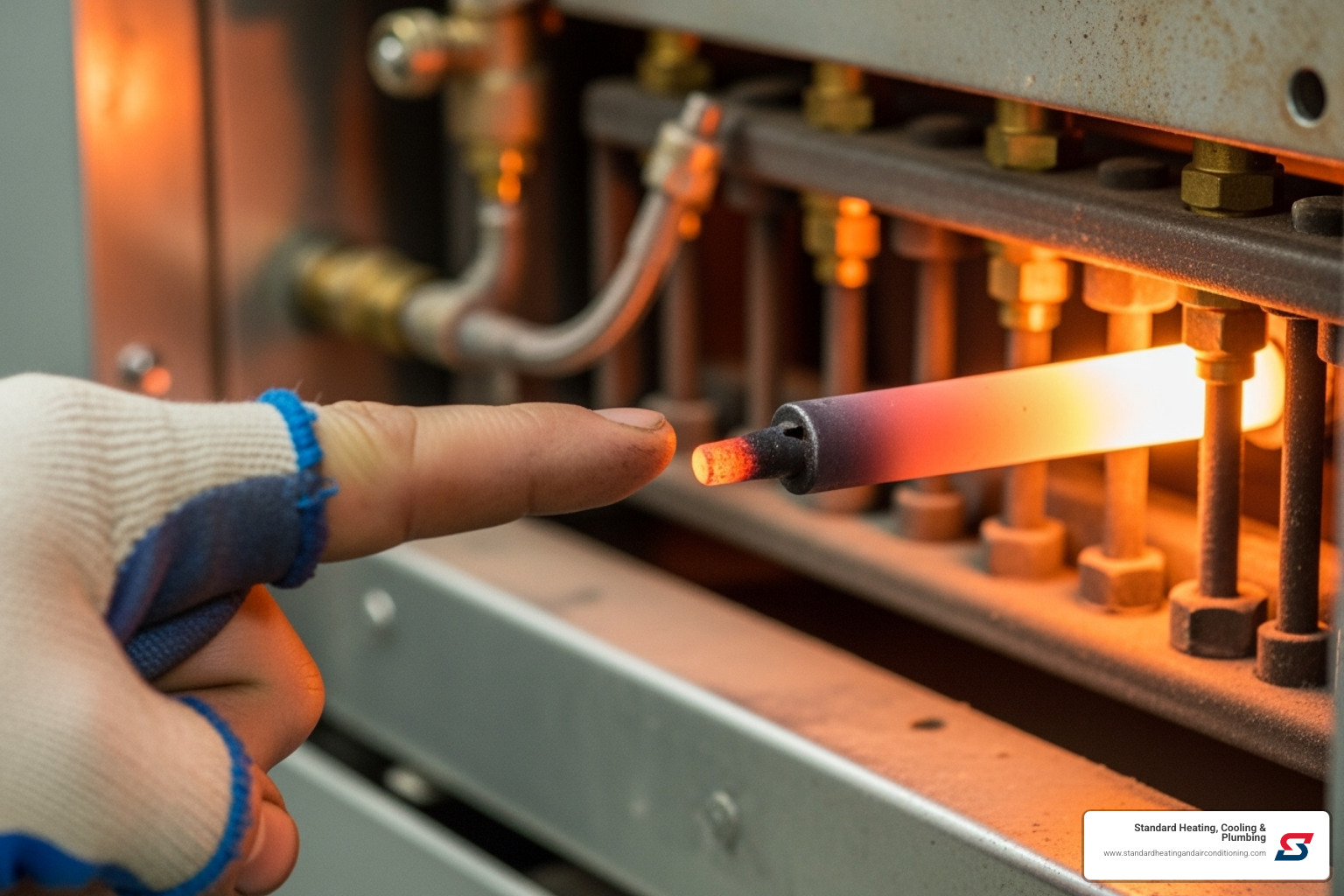 Locating the furnace ignitor inside the furnace's burner assembly. The image shows a hand pointing to the ceramic ignitor rod positioned near the gas burners. - furnace ignitor replacement