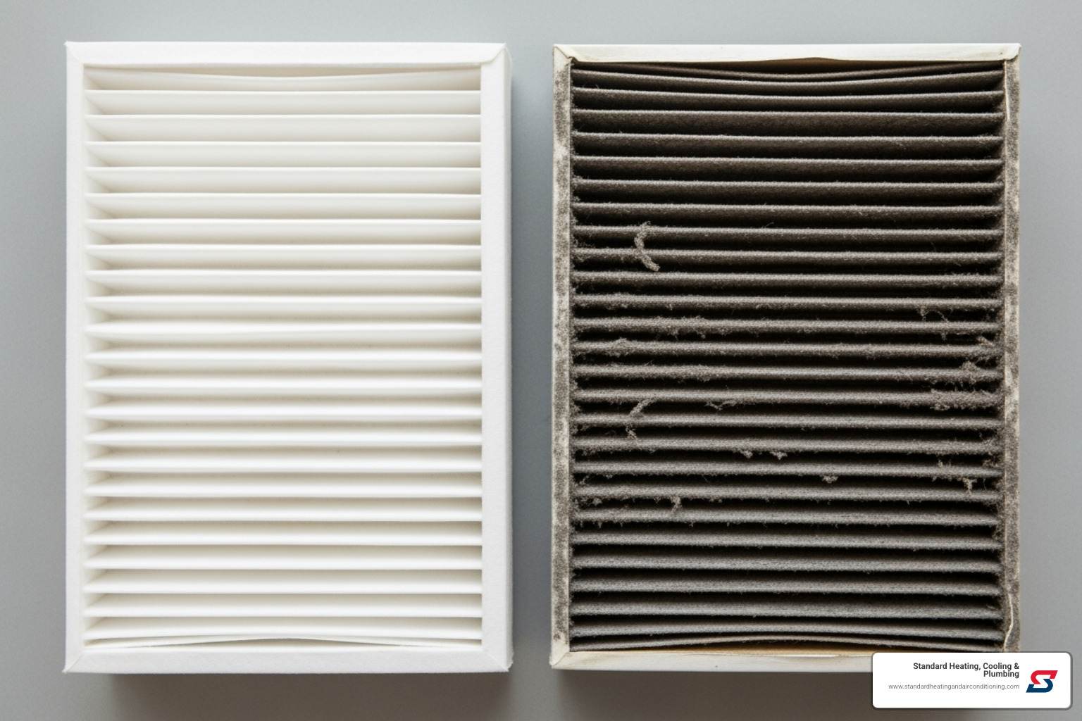 A side-by-side comparison of a clean, white furnace air filter and a dirty, dark gray furnace air filter clogged with dust and debris. - furnace ignitor replacement