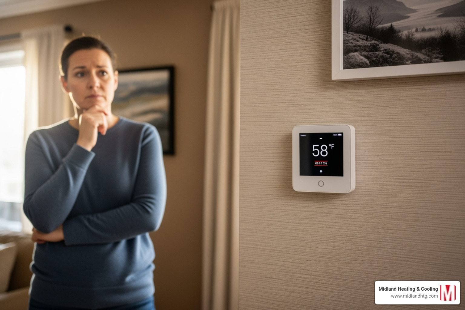 homeowner looking concerned at their thermostat - furnace companies homeowner looking concerned at their thermostat - furnace companies