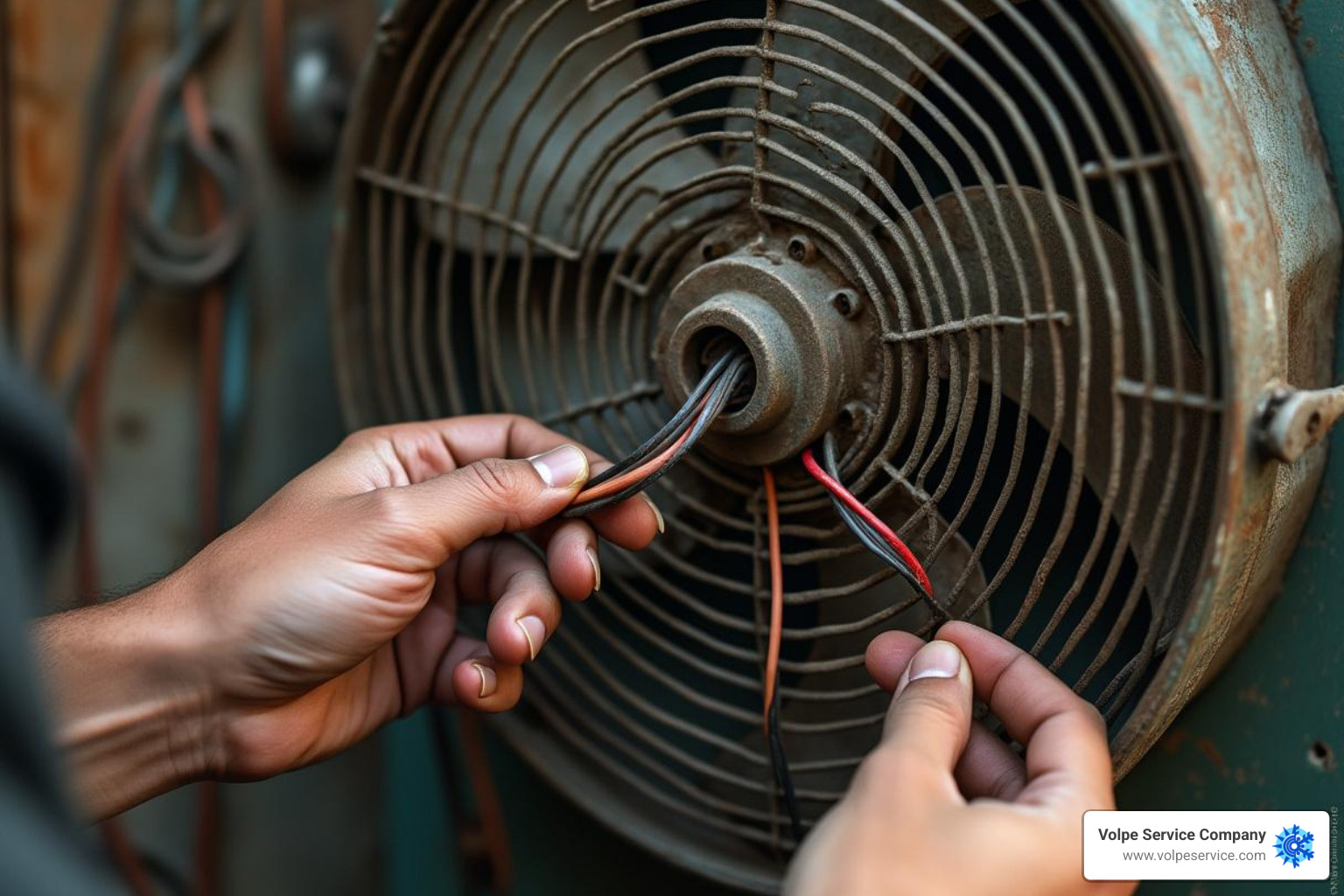 hands carefully disconnecting wires from an old AC fan motor - AC fan motor repair