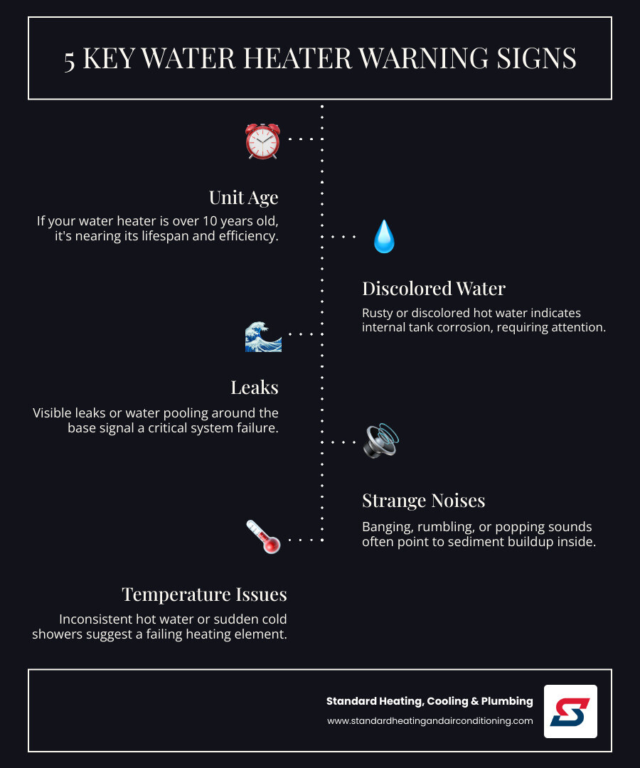 Infographic showing the top 5 signs your water heater needs replacement: unit over 10 years old, rusty or discolored water coming from taps, visible leaks or water pooling around the base, strange knocking or banging noises from the unit, and inconsistent water temperatures throughout the home - water heater replacement birmingham al infographic infographic-line-5-steps-dark